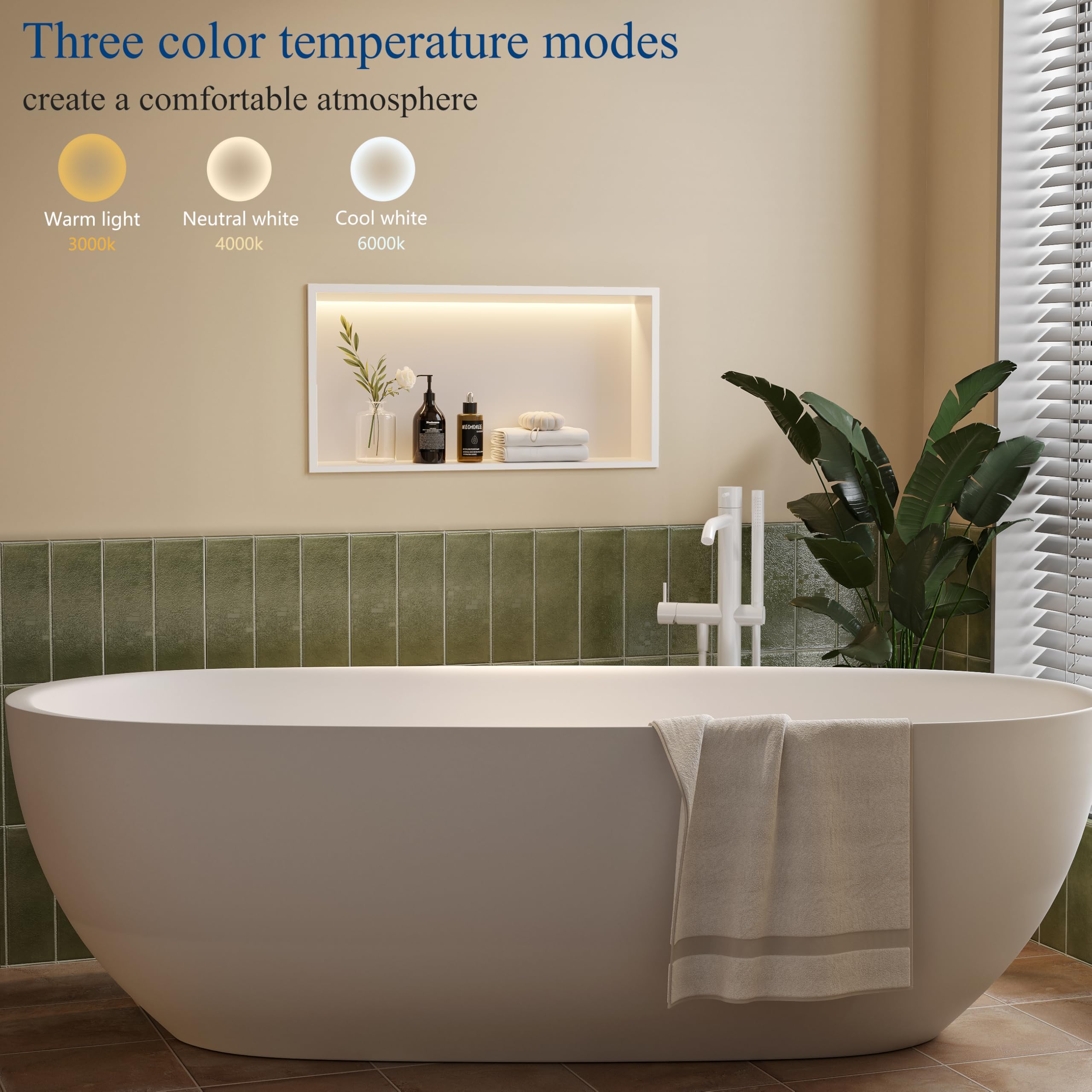 Doccia a muro in acciaio inox con luce a LED, 60 x 30 cm, con 3 colori per il bagno, colore: bianco