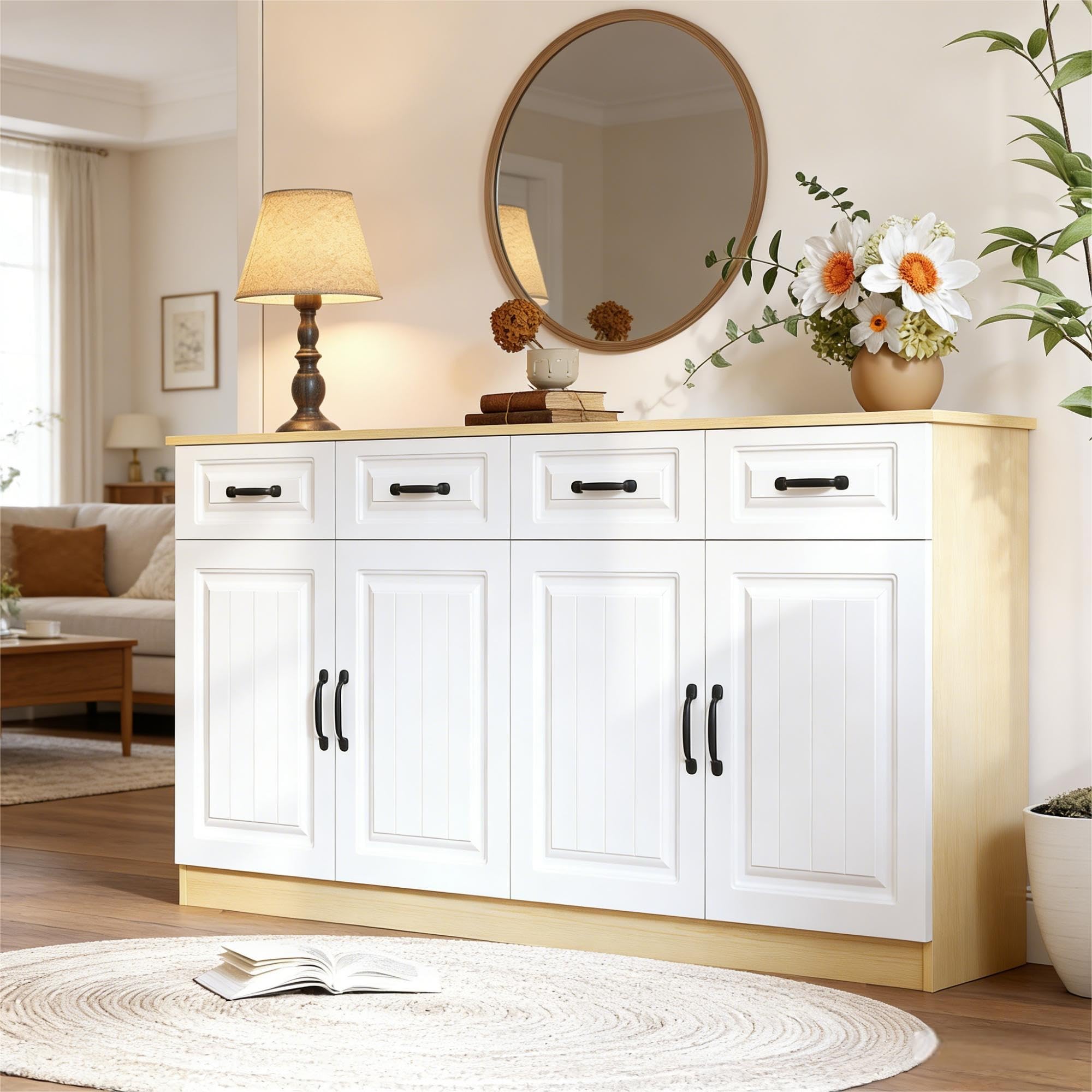 Wiuzo Sideboard,Kommode mit 4 Schubladen und 4 Türen,2 Ablageflächen,geriffeltem Design und 8 Metallgriffen,für Wohnzimmer,Schlafzimmer und Küche, 160x35x80cm,Weiß + Naturholzfarbe