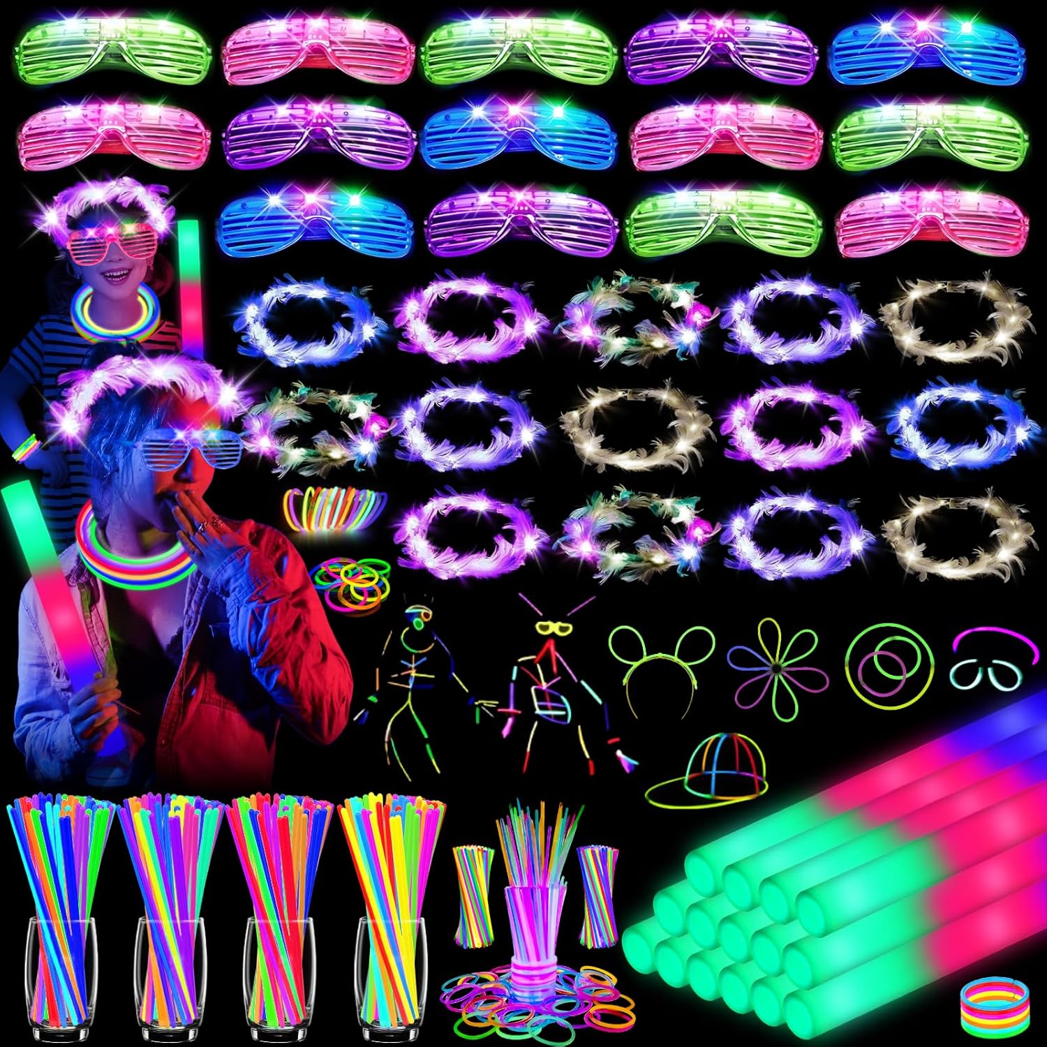 142 PCS Glow in the Dark Party Supplies, 14PCS Foam Glow Sticks, 14PCS Light Up Headband,14PCS LED Glasses and 100PCS Glow Sticks Bracelets,for Glow Party, New Year, Wedding, Concert, Birthday 142 PCS Glow in the Dark Party Supplies, 14PCS Foam Glow Sticks, 14PCS Light Up Headband,14PCS LED Glasses and 100PCS Glow Sticks Bracelets,for Glow Party, New Year, Wedding, Concert, Birthday