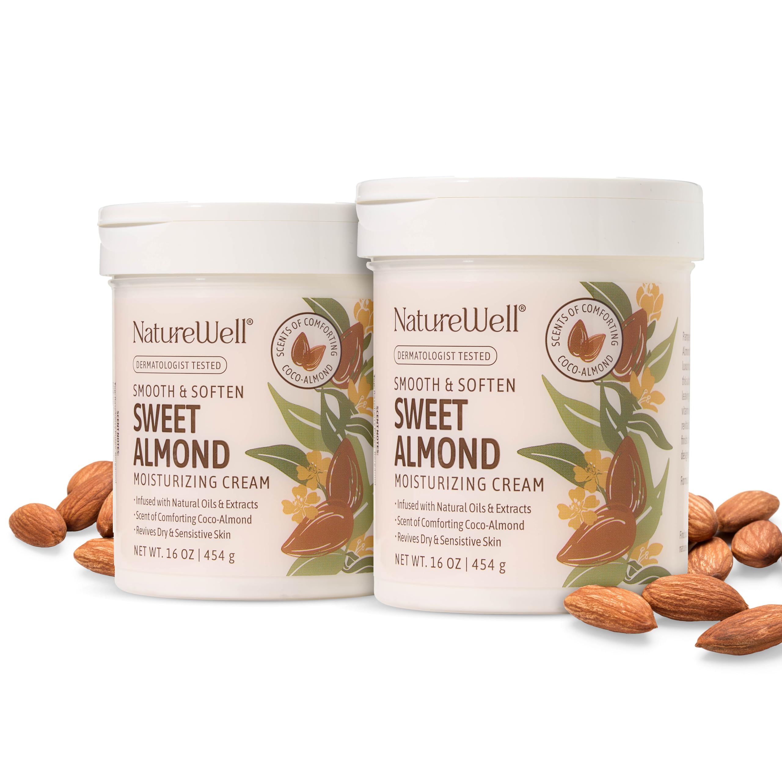 NATURE WELLSweet Almond Smooth & Soften Gentle Moisturizing Cream For Face, Body, & Hands, Infused With Natural Oils & Extracts, Restores Skin Moisture Barrier, Pack of 2 (16 Oz Each)