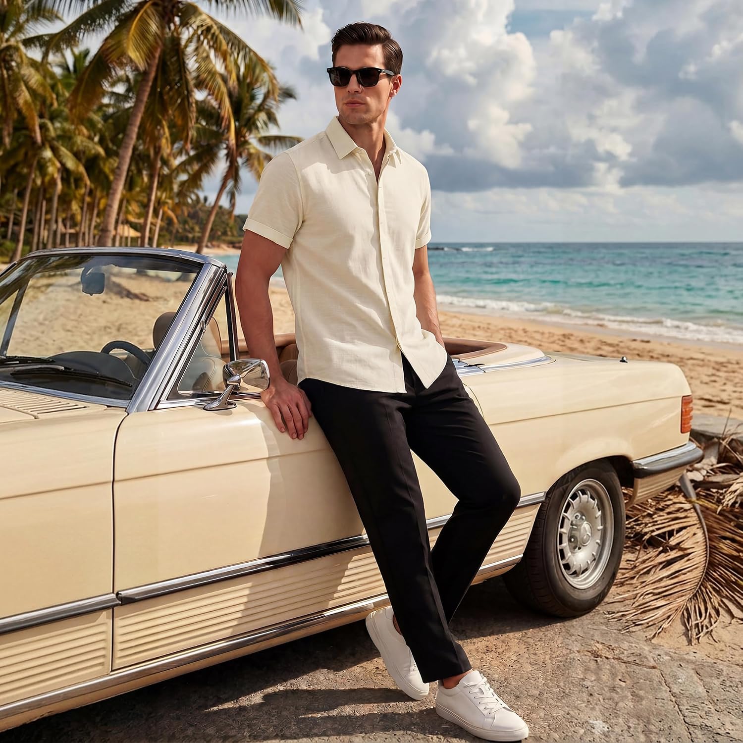 Mens Linen Shirts Short Sleeve Casual Cotton Blend Button Down Shirt Lightweight Beach Summer Vacation Shirt for Men