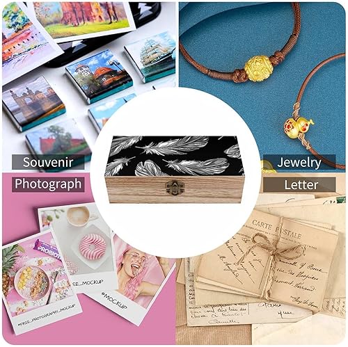 Miniatura 5 de Caja de almacenamiento de madera de plumas estilo línea, grandes contenedores de madera retro con tapa con bisagras de 7.9 x 3.9 x 2.3 pulgadas,