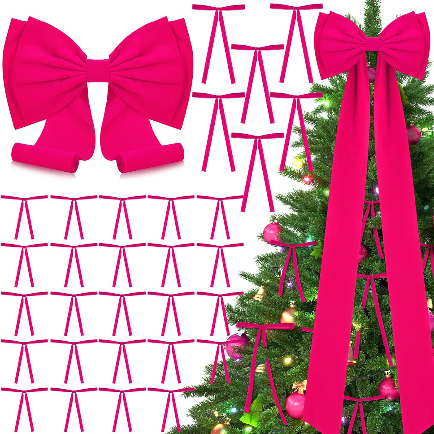 Gejoy 31 Pcs Red Velvet Bow Christmas Tree Ornaments Extra Large Christmas Tree Topper Medium Velvet Bow Pick Small Bows Ornament for Home Fireplace Wreath Wall Xmas Holiday Party Decor, 3 Size