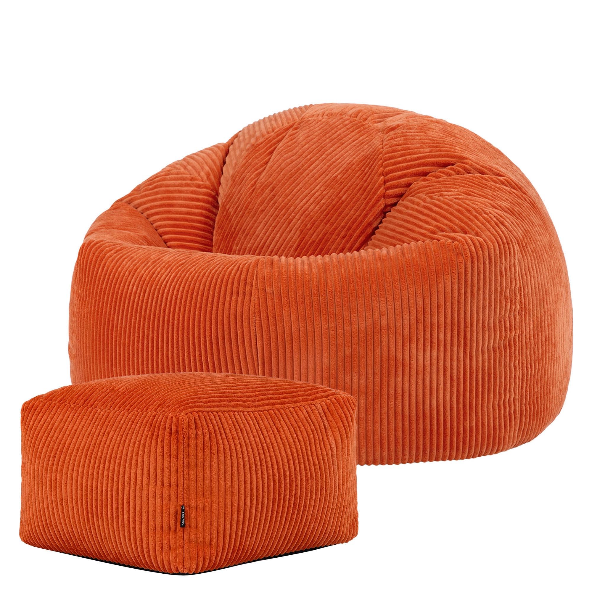 Icon Kingston Sitzsack mit Hocker Cord, Orange, Sitzsack Erwachsene mit Füllung, Bean Bag, Cord Sessel, Lounge Sessel, Lounge Stuhl, Schlafzimmer, Wohnzimmer, Wohnzimmer Möbel