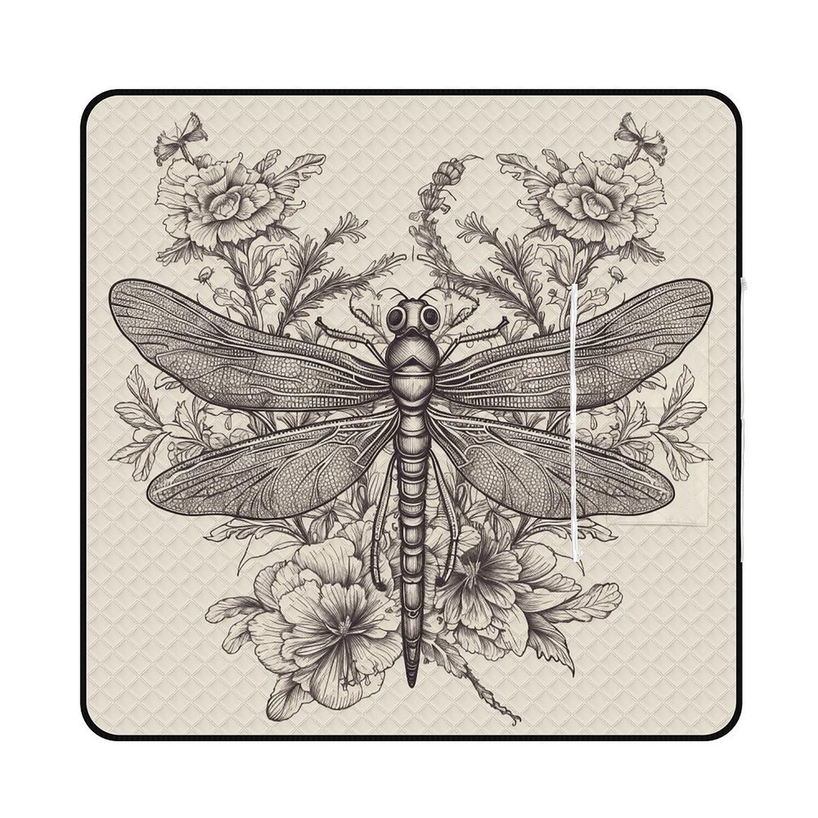 Hand Drawn Floral Dragonfly Picnic Mat 200x200cm Extra Large Picnic Blanket with Zipper Waterproof Sandproof Beach Blanket Portable Beach Mat Foldable Camping Blankets for Park Grass Lawn Travel