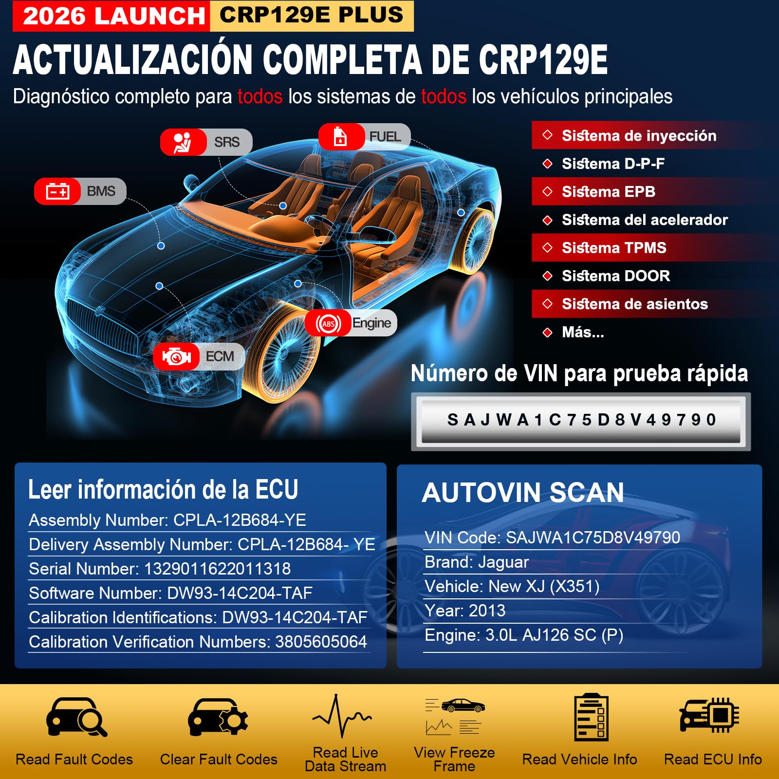 LAUNCH CRP129E Plus V3 OBD2 Diagnosis Coche Todo Sistema con, OBD2 Diagnosis Coche Multimarca, 12+ Reset ABS/Inyectores/Aceite/Acelerador/EPB/DPF/SAS/TPMS/BMS, Actualizaciones Software por Vida.