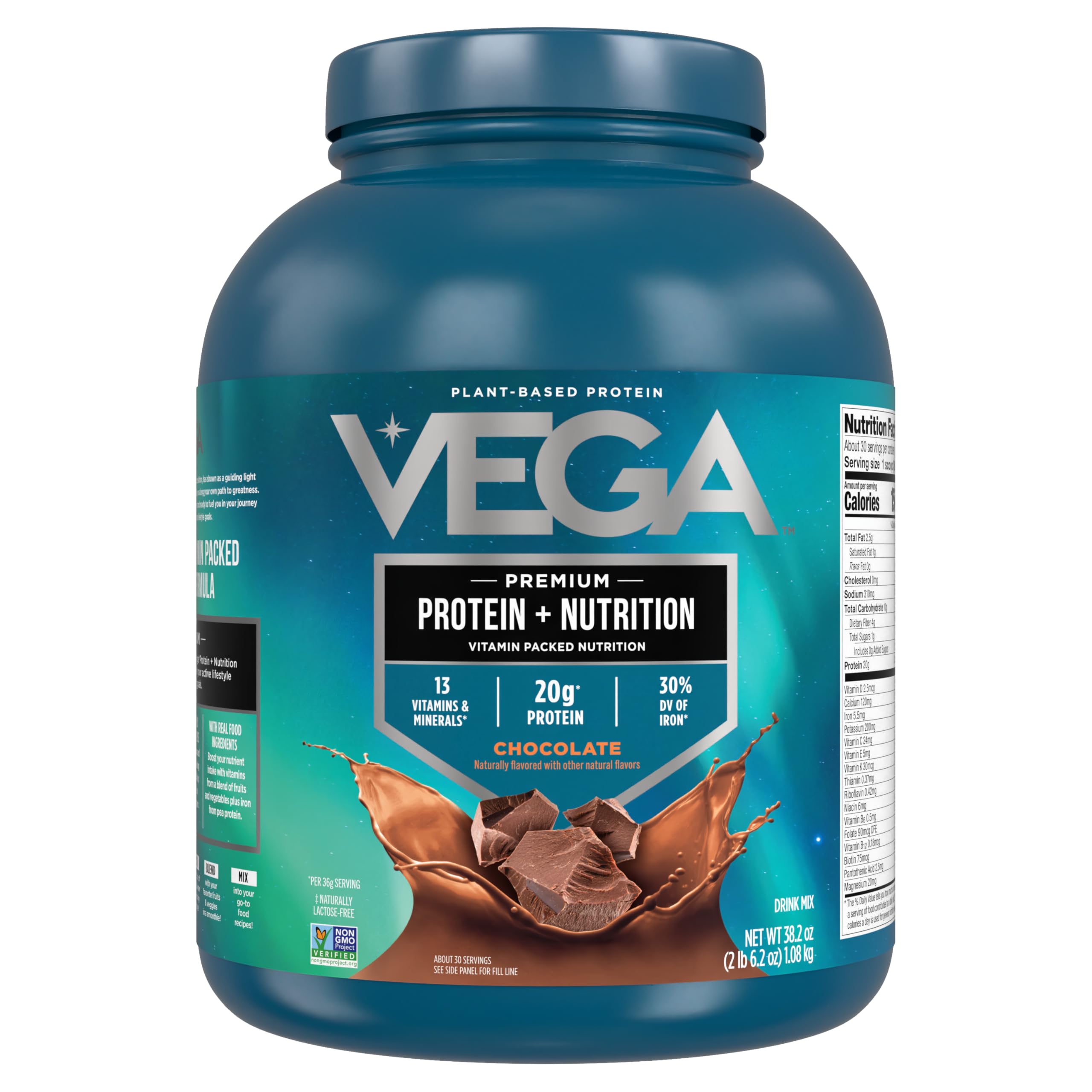 Vega Protein + Nutrition - 20g Plant-Based Pea Protein, Chocolate, 30 Servings, Vegan Keto Superfood, Antioxidant-Rich, Gluten Free, Dairy Free, Low Carb, 2.4lbs (Packaging May Vary)
