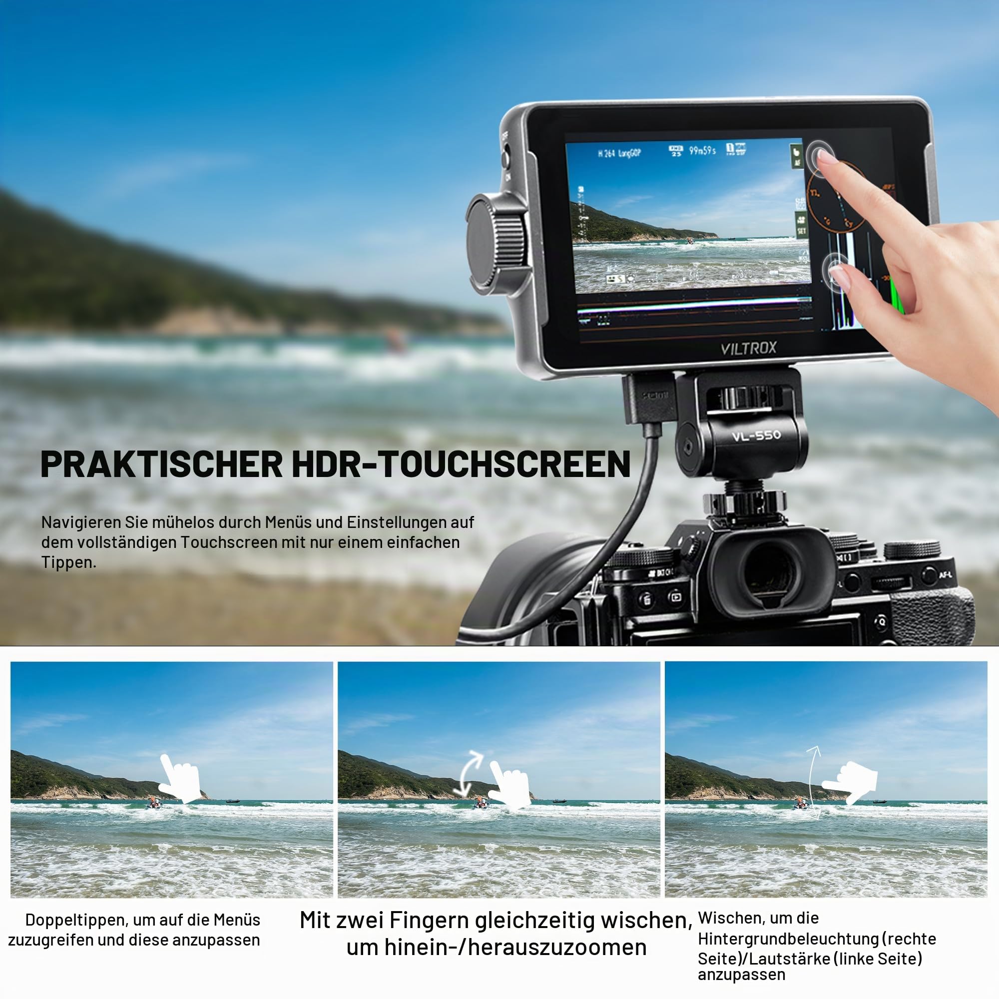 VILTROX DC-550 Touchscreen Kamera Field Monitor 5,5 Zoll 1200 Nits DSLR Camera Monitor 4K HDMI Eingang/Ausgang Full HD 1920x1080 IPS 3D-Lut Video Peaking Focus Assist mit Akku und Sonnenschutz haube