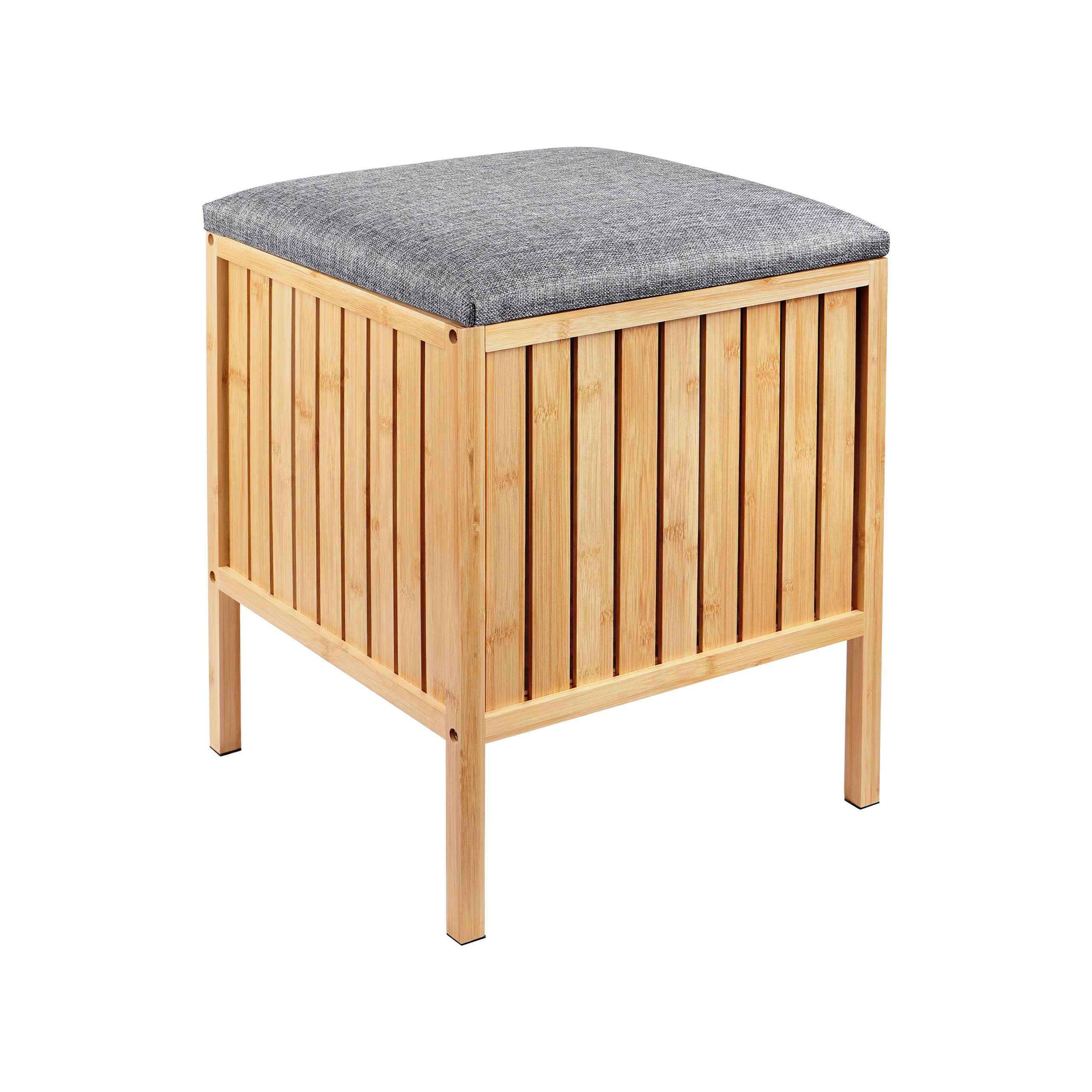 Relaxdays Cesto Biancheria in bambù con Coperchio Imbottito e Seduta, 52x39x39 cm, Naturale/Grigio