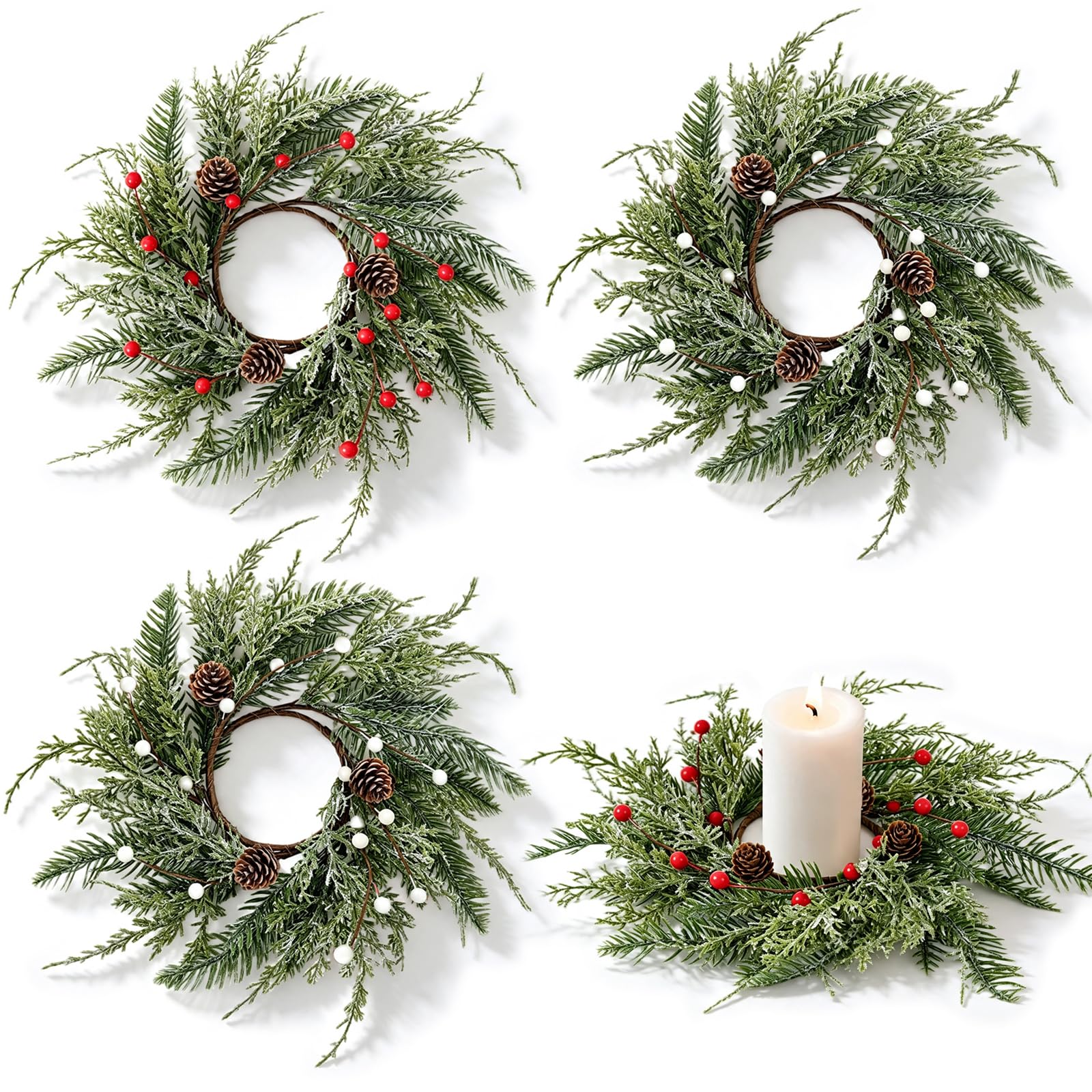 4 PCS Christmas Wreath Candle Rings Mini Wreath Pine Garland Artificial Frosted Cedar and Pine Cone Candle Rings Holder for Christmas Wedding Home Table Centerpiece Door Window Chair Wall