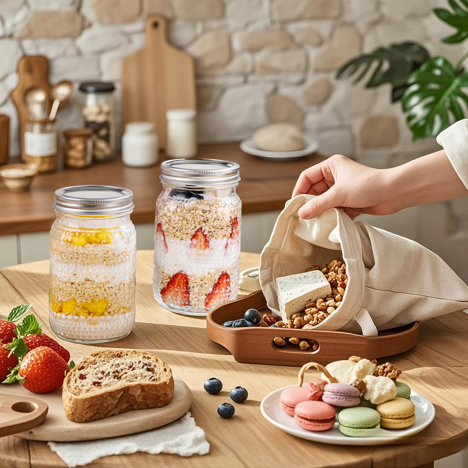 MirthMood - Tarros Mason de boca ancha de 32 onzas, paquete de 4 tarros de vidrio con tapas herméticas, tarros de cuarto de galón de boca ancha para conservar, preparación de comidas, avena nocturna