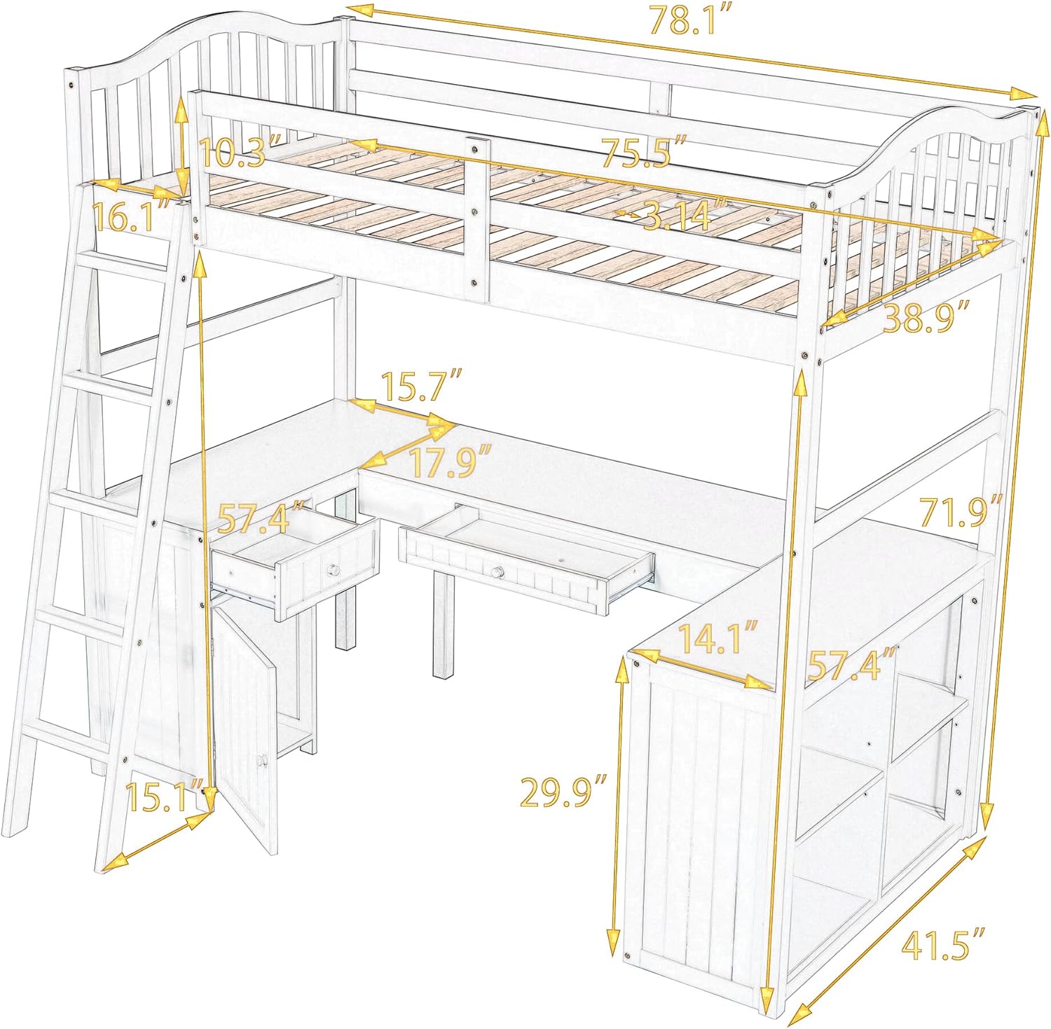 Merax Twin Size Wooden Loft Bed with Desk/2 Drawers/Cabinet/4 Shelves, Multi-Functional Loft Bed with Ladder and Guardrails, No Box Spring Required Wood Bed Frame, Grey