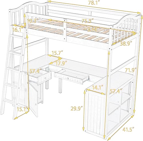 Miniatura 2 de EMKK Cama tipo loft de madera de tamaño individual con cajones armario estantes escritorio estantería marco de cama multifuncional con escalera y