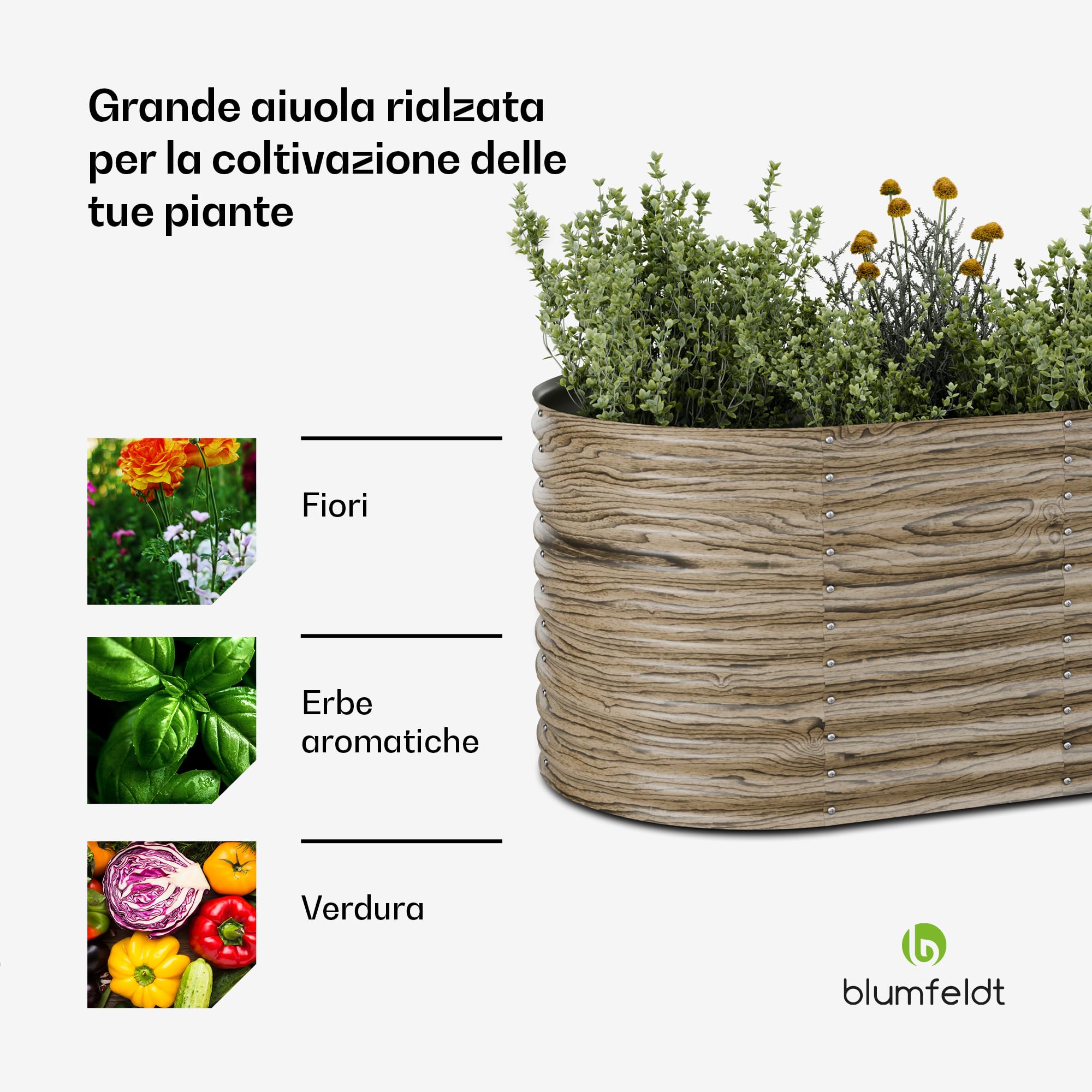 blumfeldt High Grow - Aiuola Rialzata da 1.169L, Fioriera Ovale in Acciaio Zincato Resistente alle Intemperie, Design Ergonomico & Facile Montaggio, Look Effetto Legno per Esterno