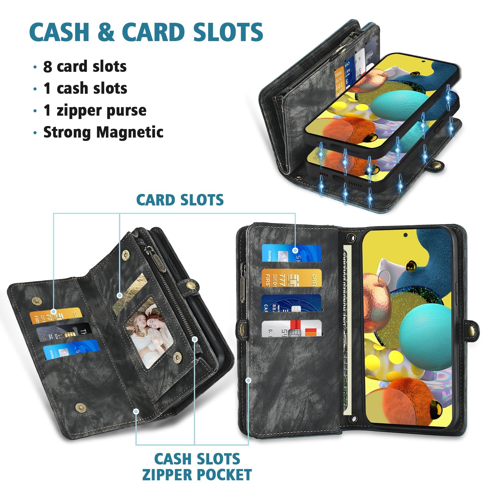 Asuwish Verizon Étui de téléphone pour Samsung Galaxy A51 5G/A 51 5G UW Verizon - Étui portefeuille amovible avec protecteur d'écran en verre trempé - Lanière à rabat et porte-cartes 51A G5 S51 - Noir