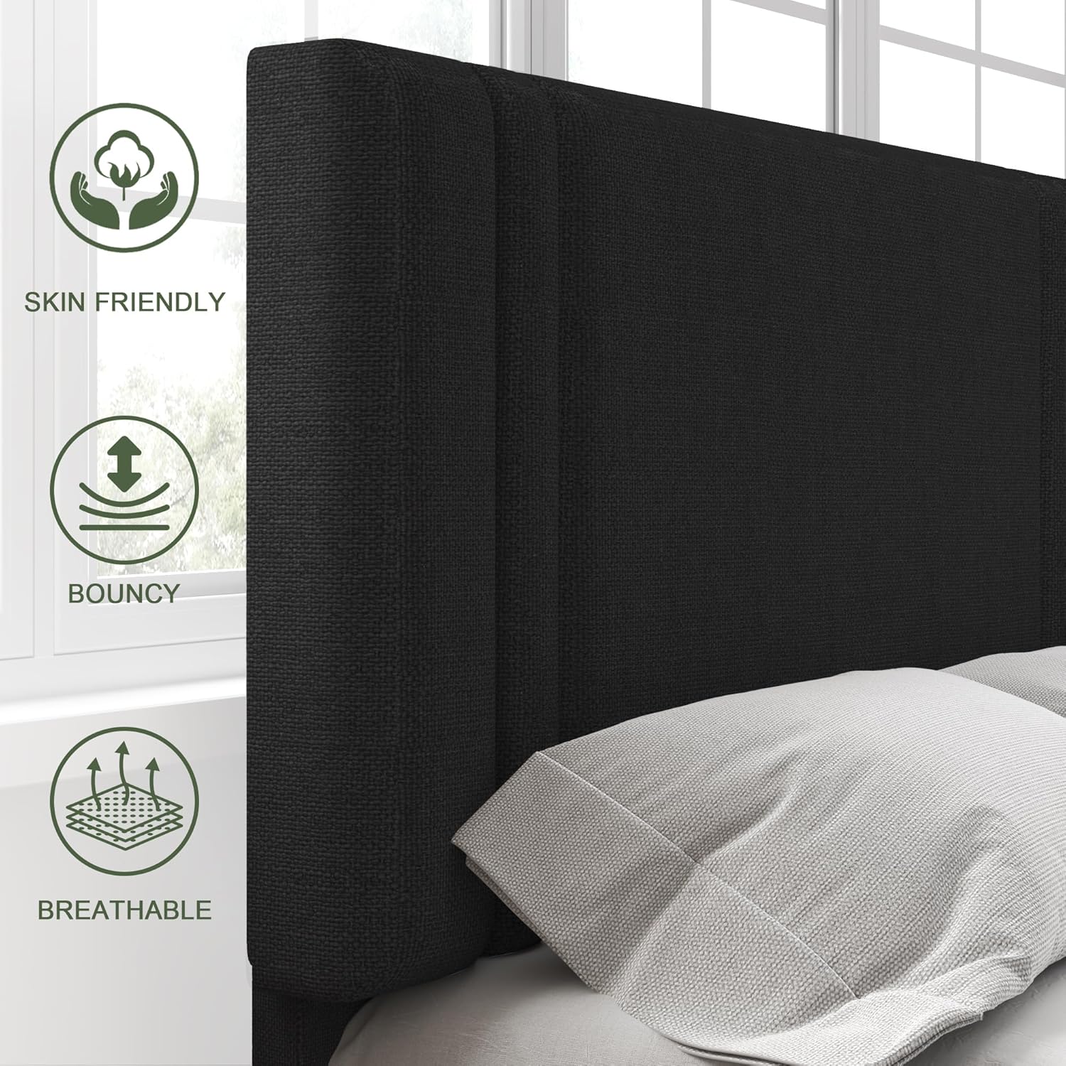 Feonase Twin Platform Bed Frame, Fabric Upholstered Wingback Bed Frame, Solid Wood Slats & Heavy Duty Feet Support, No Box Spring Needed, Noise-Free, Easy Assembly, Black