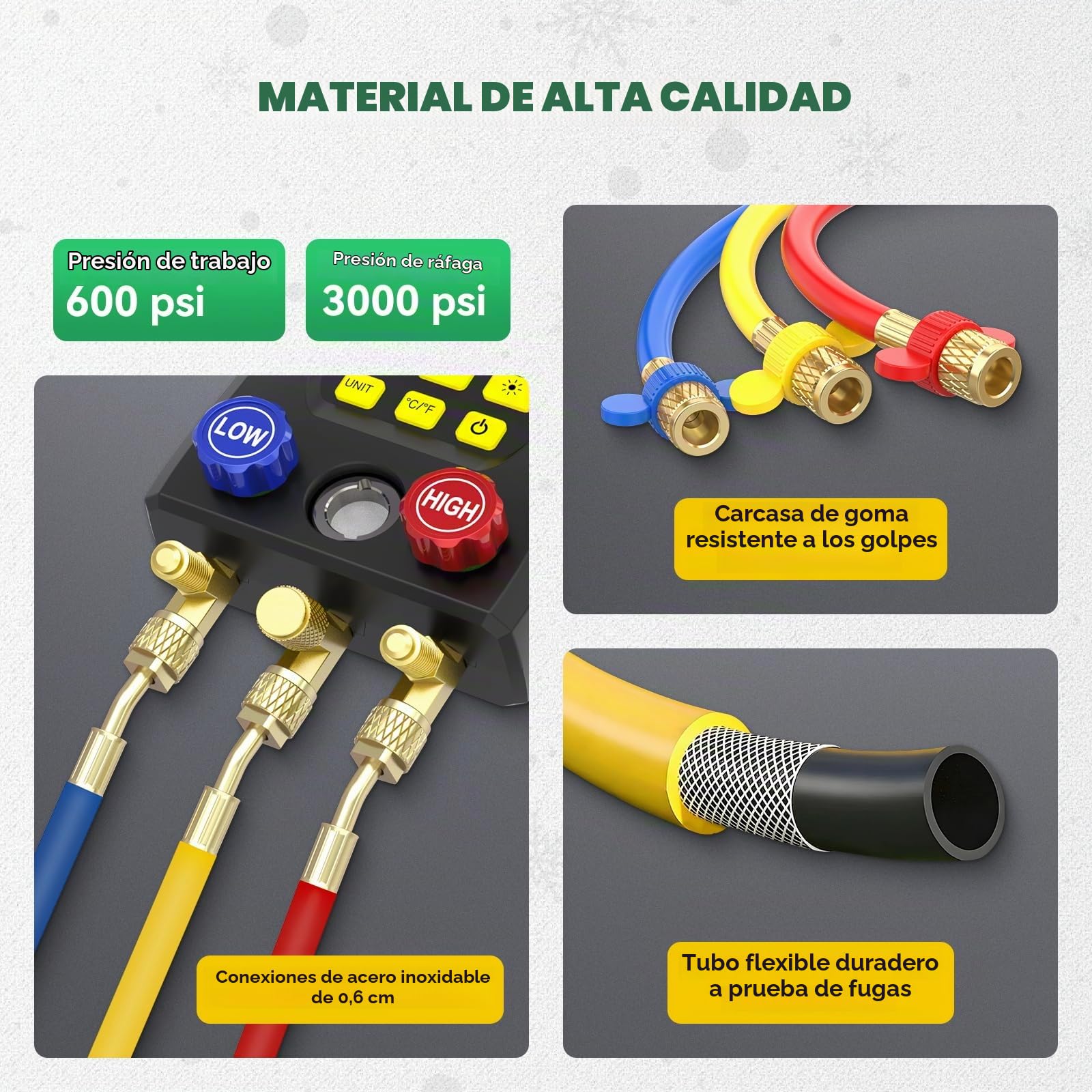 Manómetro Digital para Aire Acondicionado Kit HVAC con Base Datos 93 Refrigerantes, 150cm Mangueras de Refrigerante y Clips de Temperatura para Mantenimiento de Aires Acondicionados y Frigoríficos