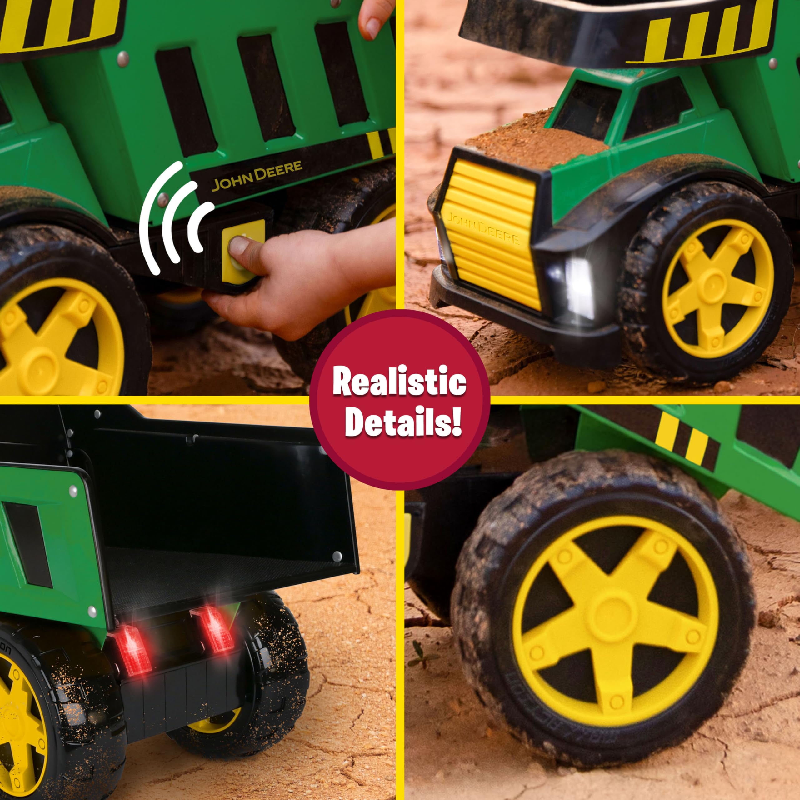 John Deere 16-calowa metalowa wywrotka, realistyczne światła i dźwięki, solidne metalowe łóżko do ciężarówek, bardzo duże koła, wytrzymała zabawka pojazdu budowlanego dla dzieci, a