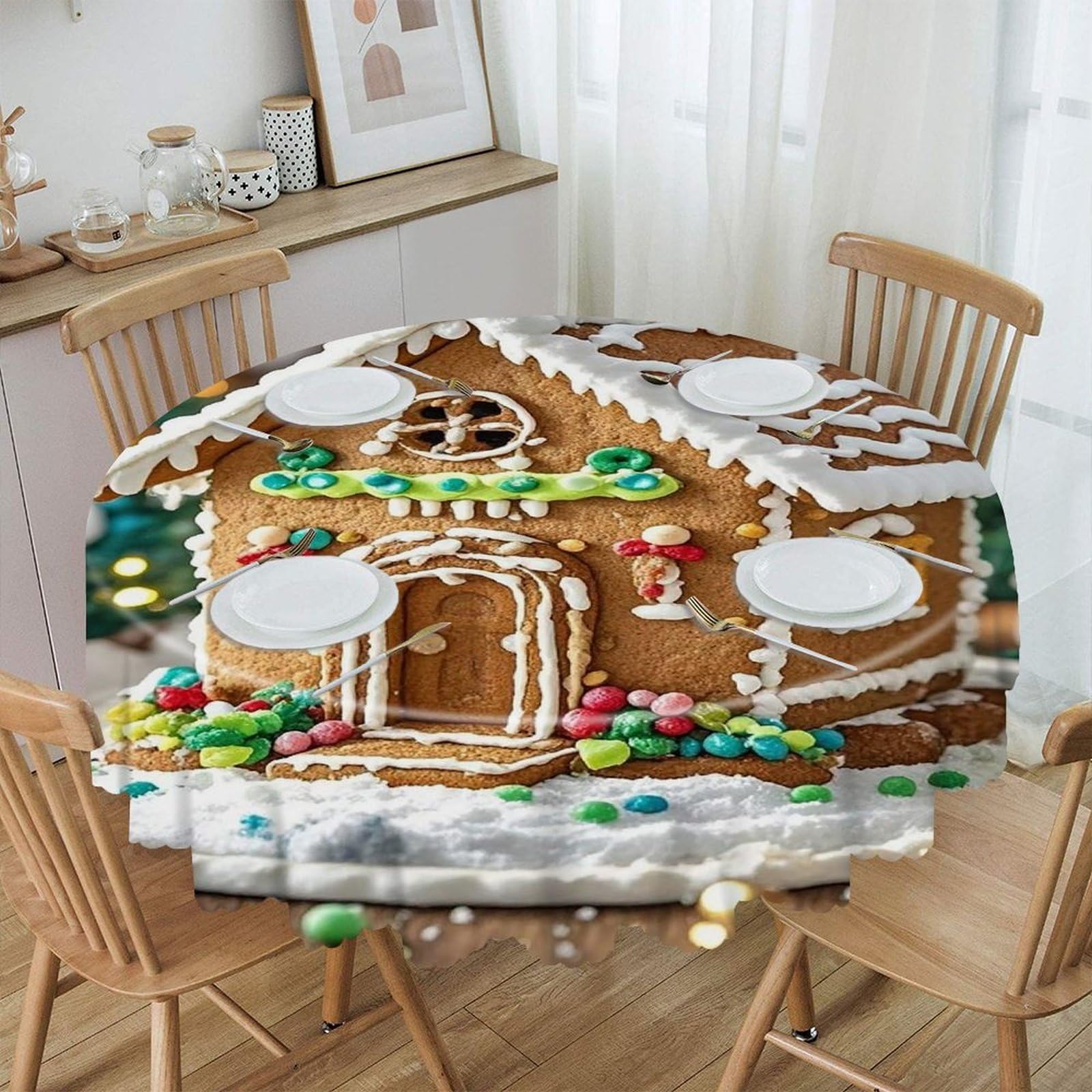 FekiLoot Gingerbread House Round Tablecloth 60 Inch Waterproof Heavy Duty Table Cloth Spillproof Washable Table Cover Wrinkle Resistant Tablecloths Decorative Table Cloths
