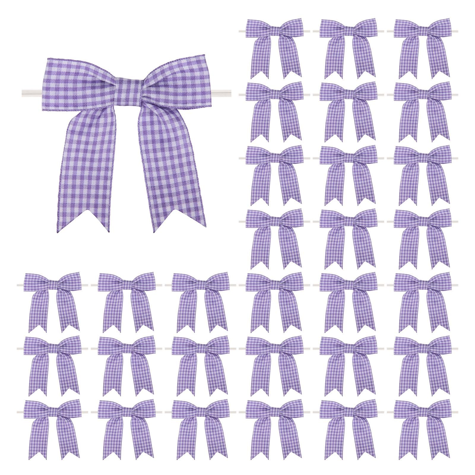 Meseey 30 Pcs 3.5 Inches Gingham Ribbon Bows with Twist Tie Purple and White Buffalo Check Premade Craft Bows for Gift Wrapping Basket Wedding Baby