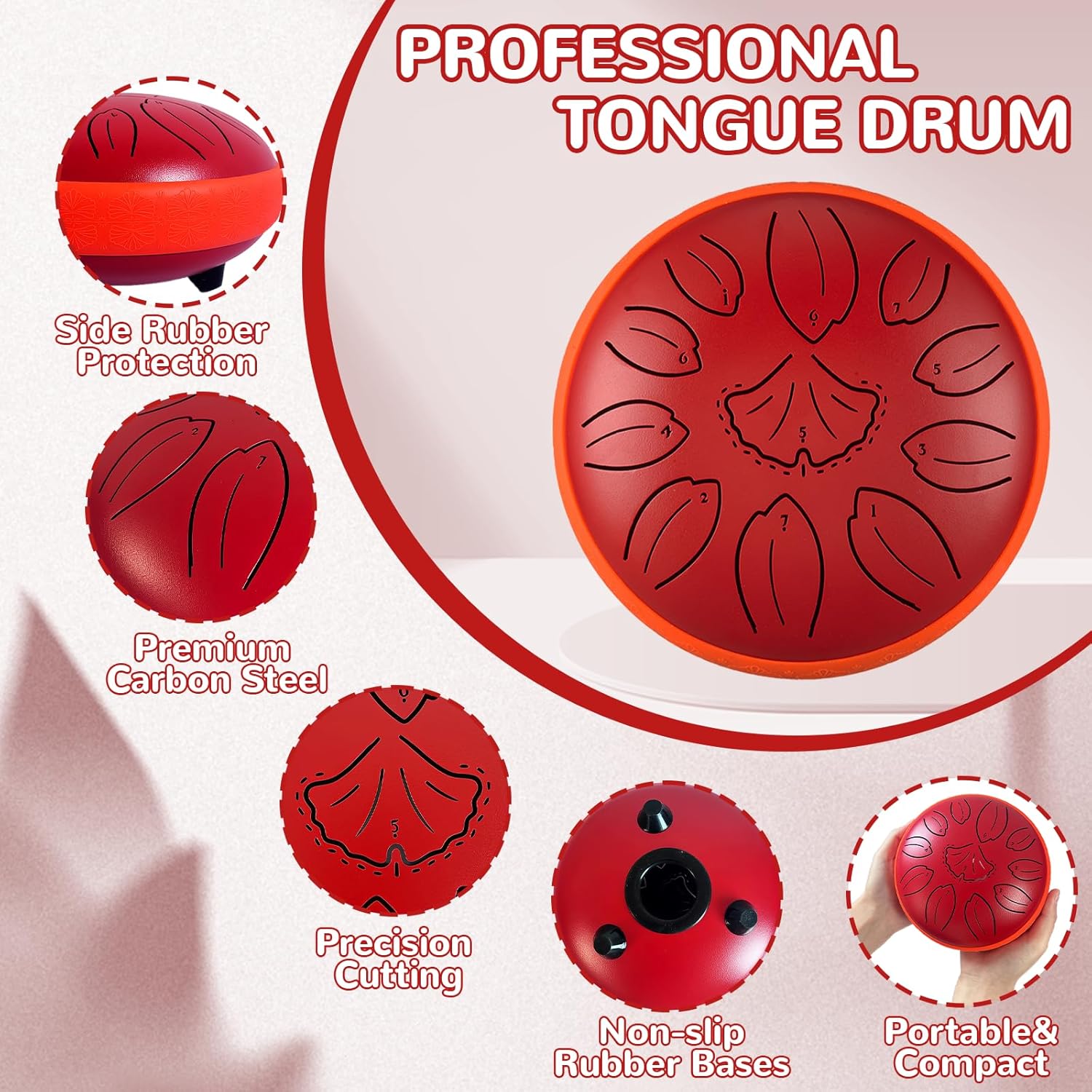 TUOKING Rain Drum for Outside Steel Tongue Drum 6 Inch 11 Notes C Key Handpan Drum for Adults and Beginners Sound Healing Musical Instrument for Meditation, Yoga, Music Lovers(Red)