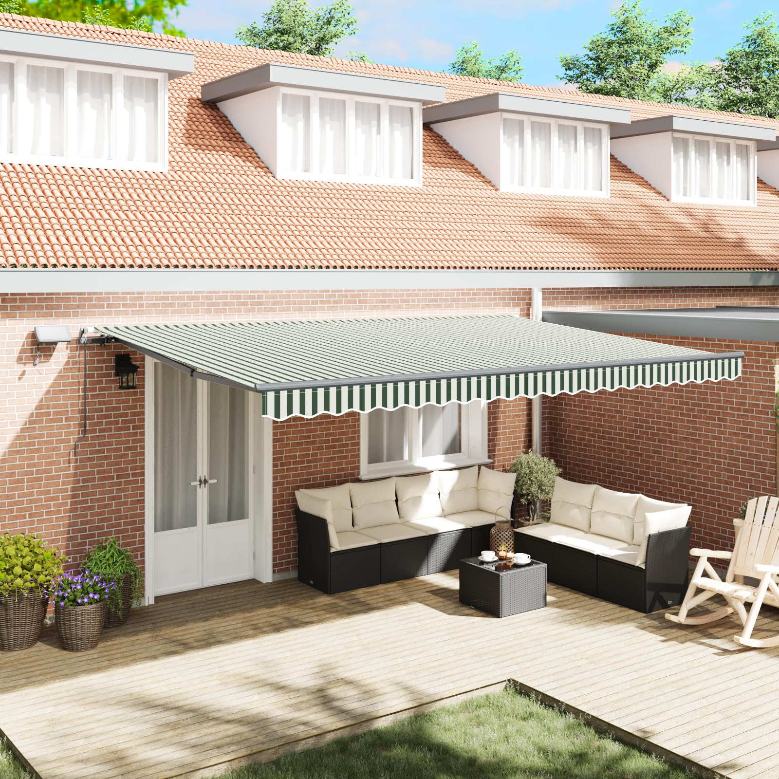 acrylstoff markise Manuelle einziehbare mit LED in Grün und Weiß 500x350 cm, hochwertiger für Terrasse und Garten, langlebige Beschattung, Sonnenschutz mit modernem Design Größe:EU 41 Boutique Gravel Brands – MUJER