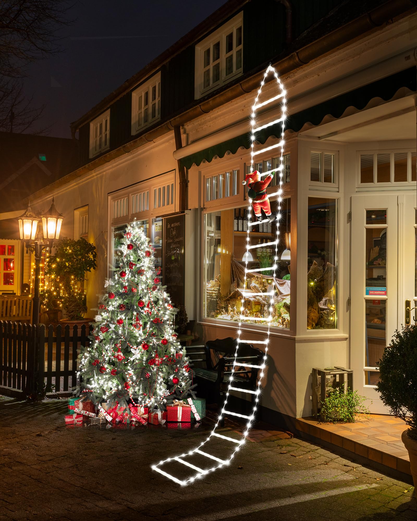 iShabao 9.8Ft Ladder Christmas Lights with Santa Claus - 338 LED Outdoor Christmas Lights Mains Powered with Timer, Memory Function, 8 Modes Ladder Lights for Indoor Outdoor Xmas Decor(White)