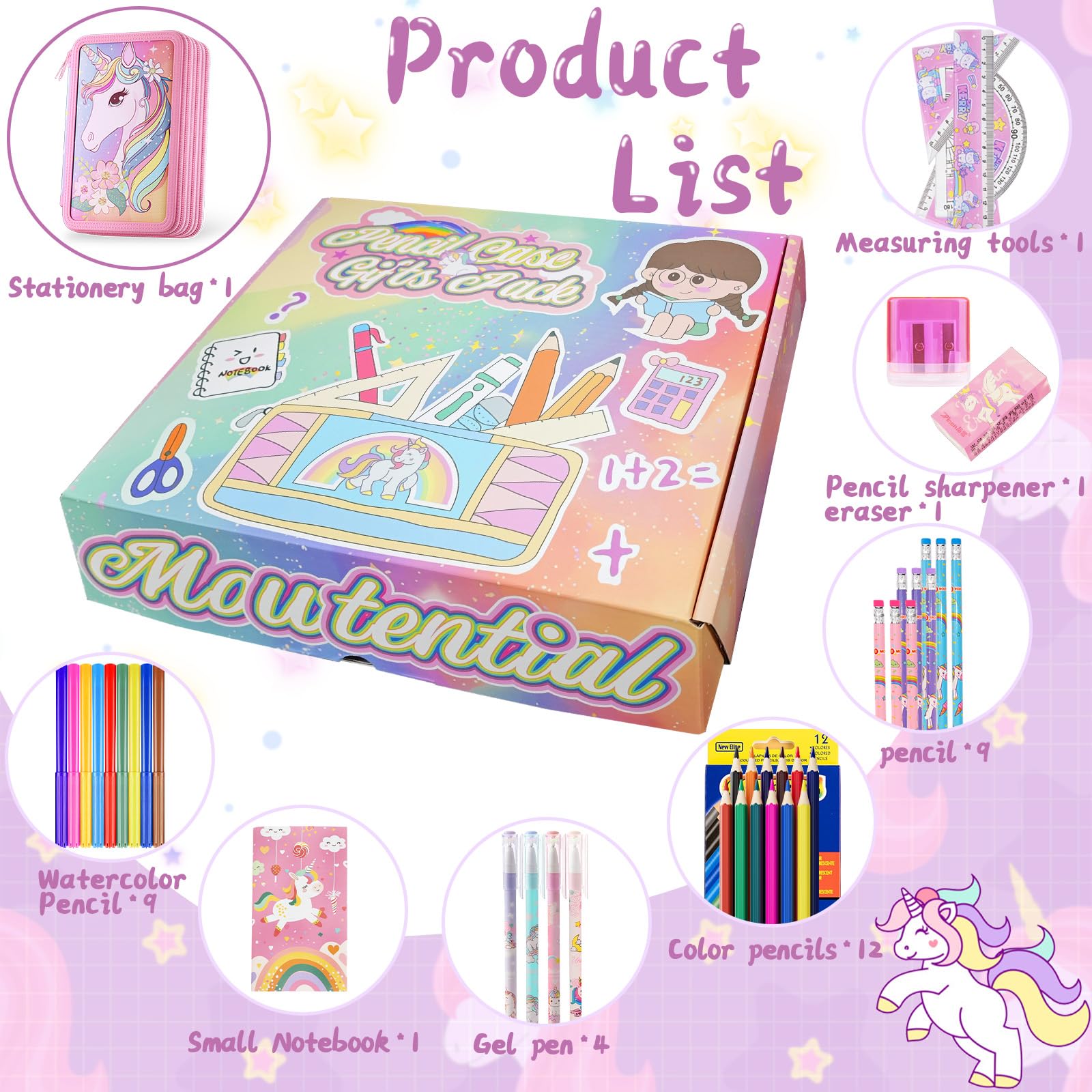 39 Pezz Astuccio unicornoe Bambina,2025 Anno Astuccio 3 Scomparti Bambina,Set scuola Cancelleria,Doppia Cerniera,Materiale Scolastic（Rosa Pesca Regalo Rientro Scuola）