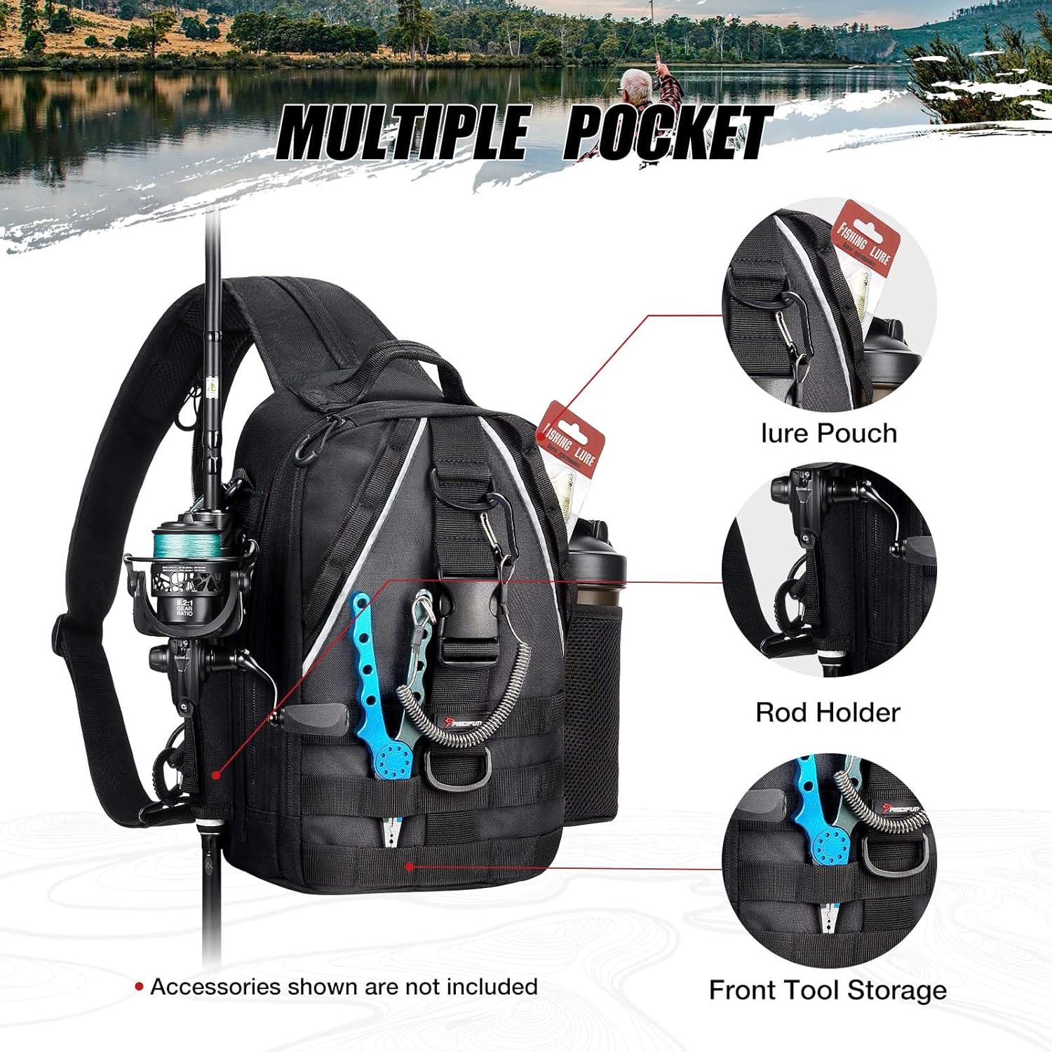 Piscifun Fishing Backpack with Rod Holder, Lightweight Sling Bag Storge Gear and Equipment