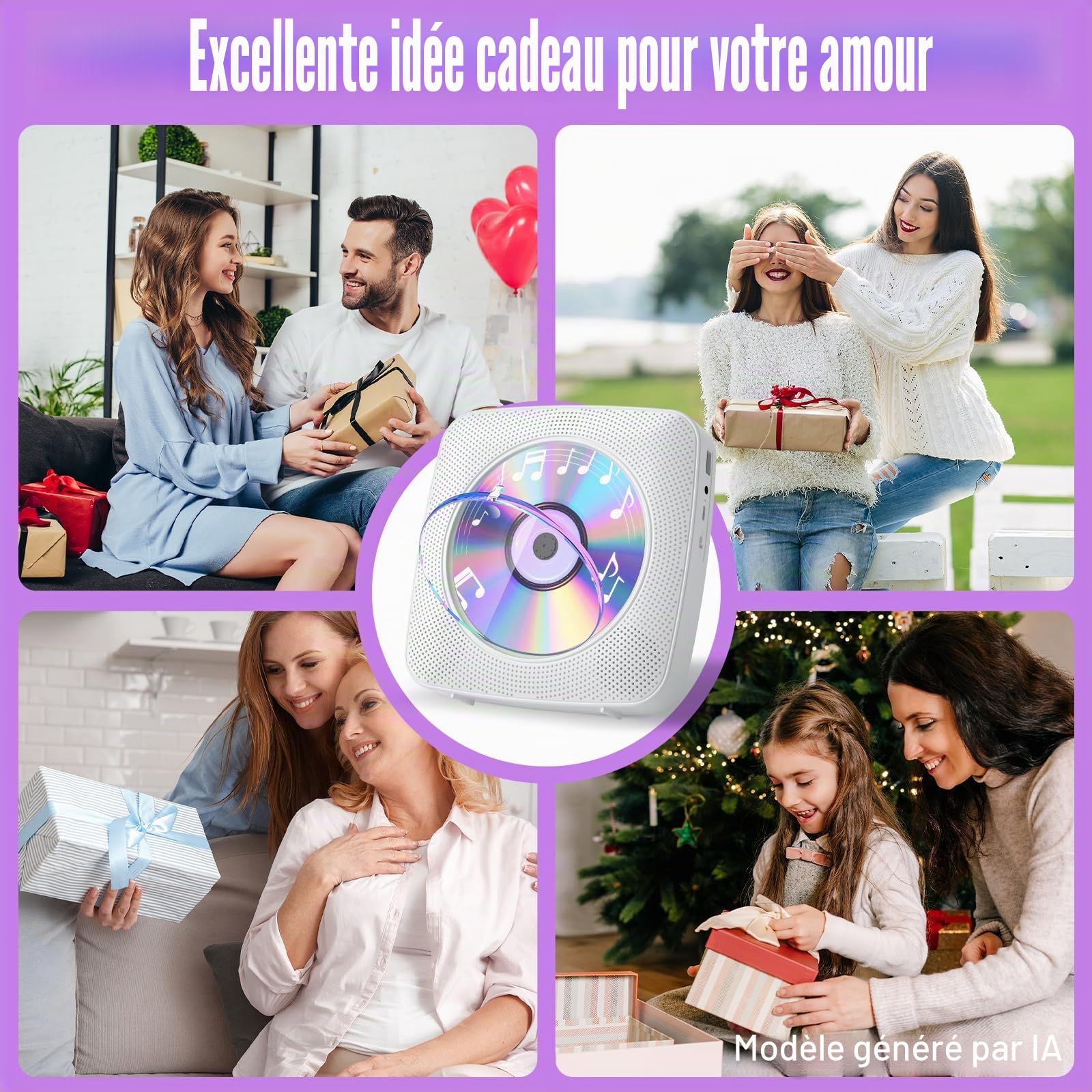 Gueray Lecteur CD Portable Bluetooth 1800mah Lecteur CD de Bureau pour la Maison Lecteurs CD avec Deux Haut - parleurs Télécommande Housse Anti-poussière Affichage Radio FM Minuterie USB Aux-Blanc