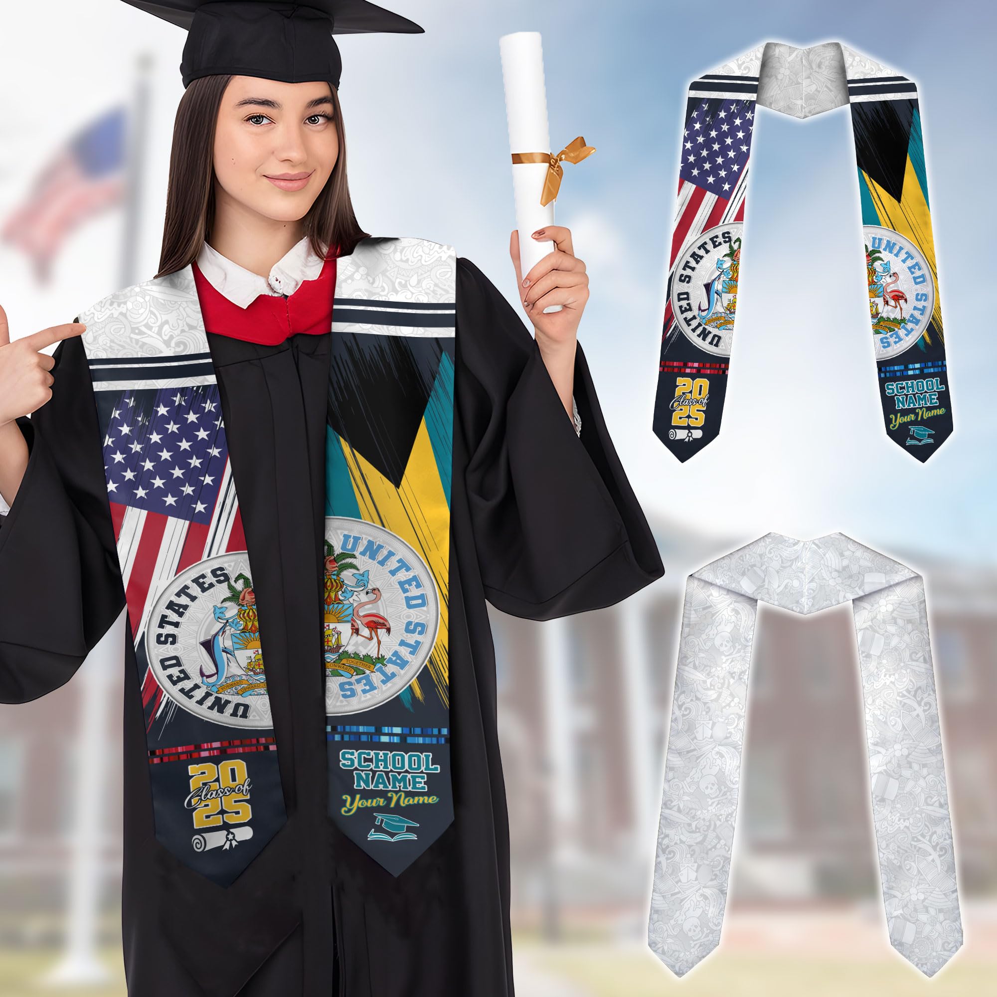 MonkeyVan Personalized Bahamas Graduation Stole, Bahamian Graduation Sash, Bahamas Flag Graduation Stole, Class of 2025 Bhm13