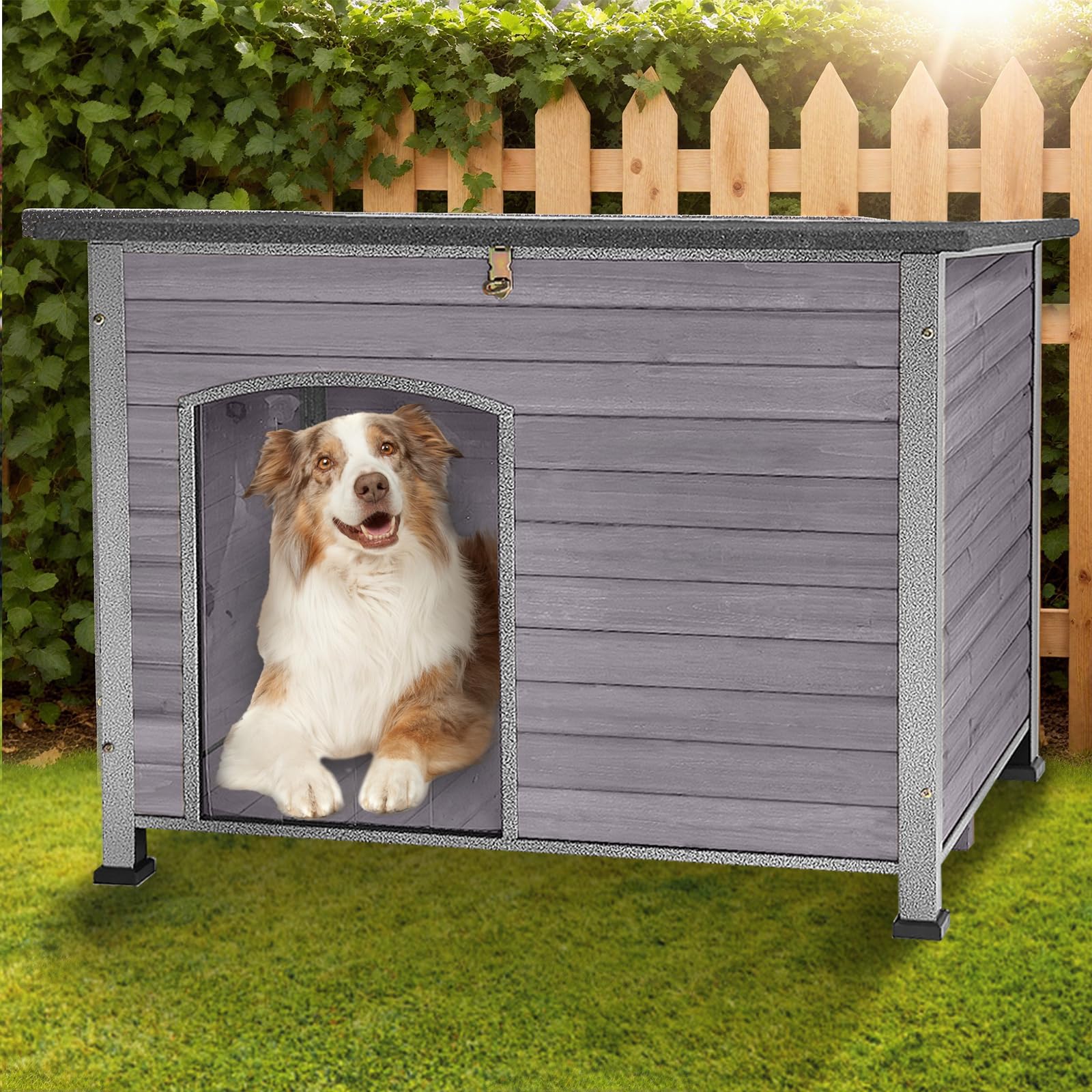 43.3’’ Large Dog House Outdoor Weatherproof Dog Kennel with Upgraded Thickened Metal Frame, Dog Shelter with PVC Curtain, Openable Roof and Removable Floor, Easy to Clean (Grey)