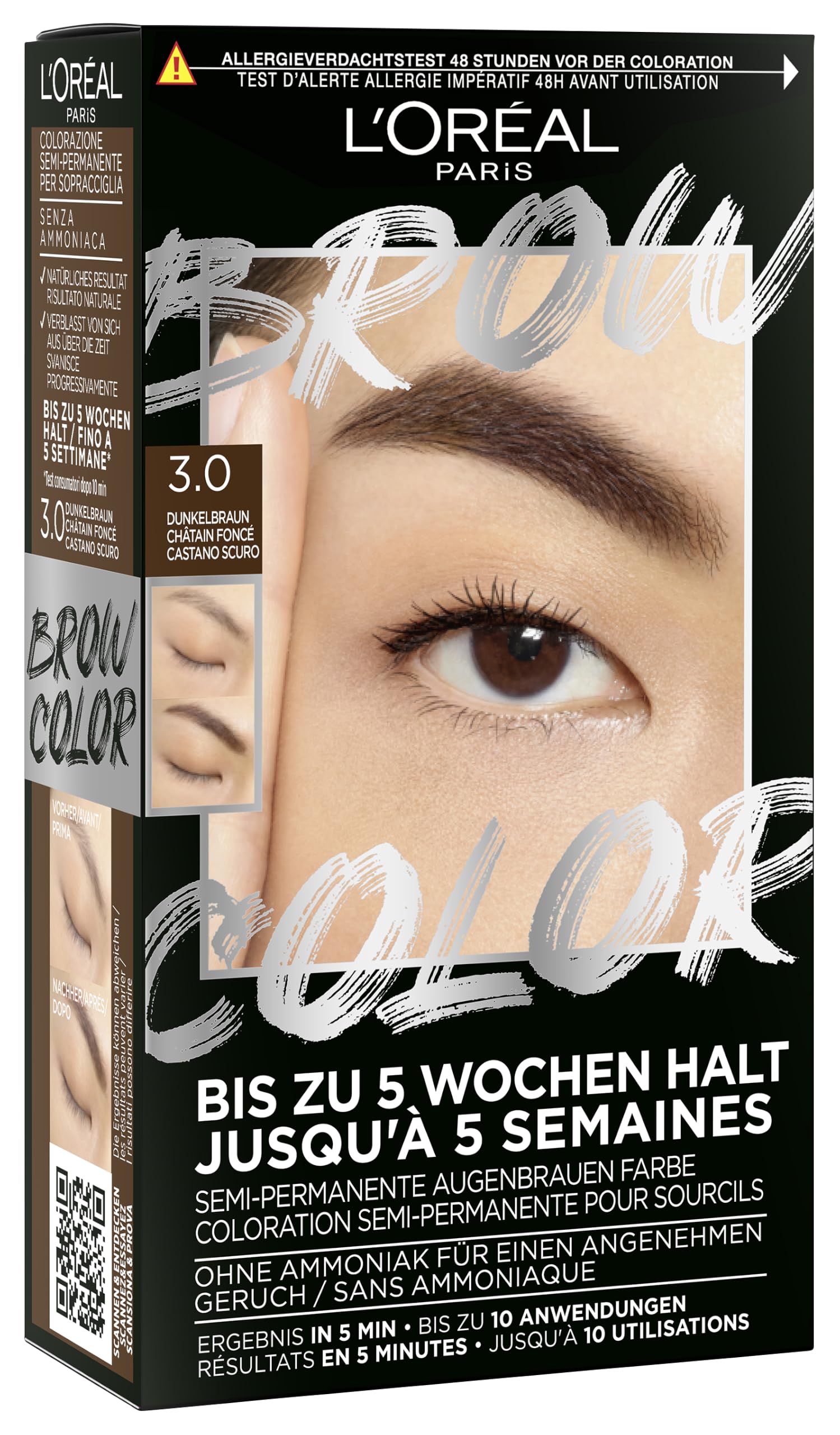 L'Oréal Paris Augenbrauenfarbe für einen strahlenden und perfekt gepflegten Look, Ammoniakfreie Augenbrauenfarbe, Bis zu 10 Anwendungen pro Pack, Brow Color, 3.0 Dunkelbraun