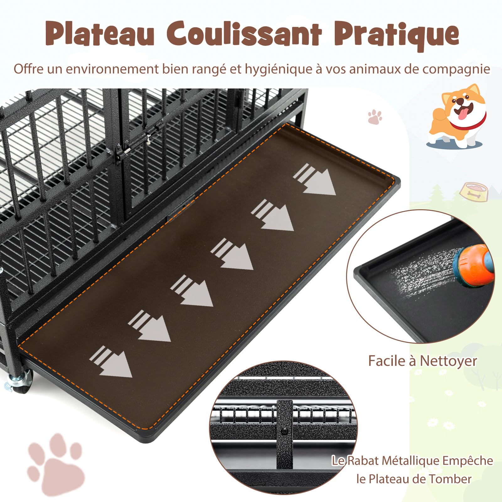 COSTWAY Cage pour Chien, Cage Chien Pliable à roulettes, 2 Portes Verrouillables, Plateau Amovible, Anti-Mastication, Cage Chien Interieur, Cage de Transport pour Chien (L)