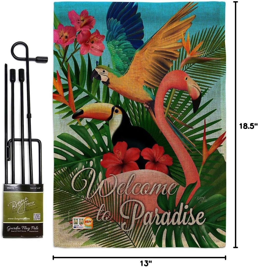 Tropical Bird Paradise Burlap Garden Flag Set with Stand Summertime Ocean Beach Seashells Pineapple Outdoor Summer Aloha Small Decorative Gift Yard House Banner Double-Sided Made In USA 13 X 18.5