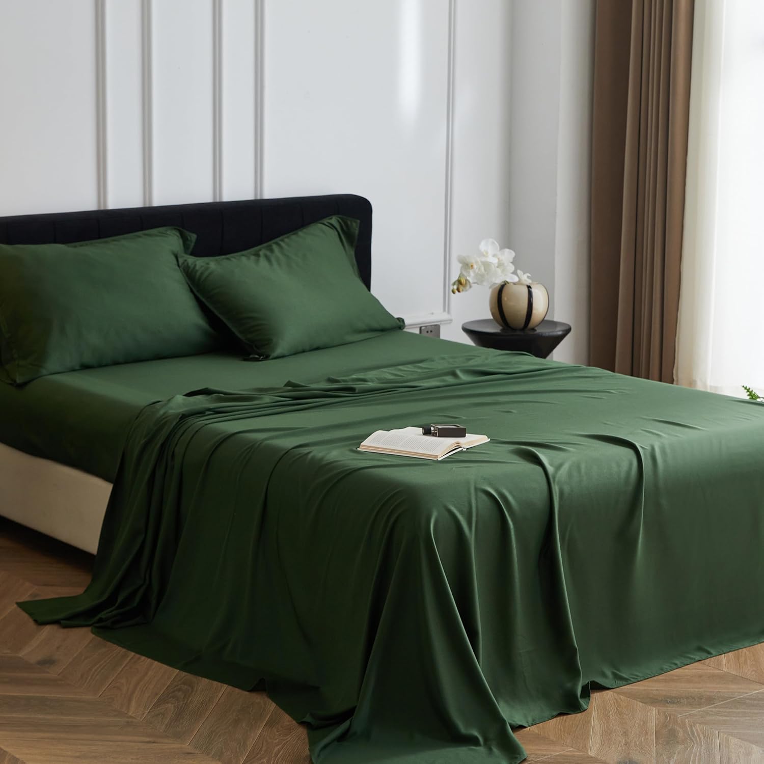 Simple&Opulence 100% Viscose Derived from Bamboo Bed Sheet Set 4 Piece, Breathable Cooling Bedding Set with 15" Deep Pockets, Luxury Ultra Soft for Hot Sleepers (Dark Green,King)