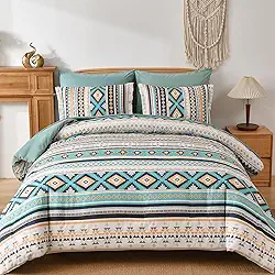 Dinjoy Conjunto de edredom Boho King Size em uma bolsa, 7 peças, conjunto de edredom listrado asteca para outono, boêmio, conjunto completo de edredons geométricos para mulheres e homens, 224 x 264 cm