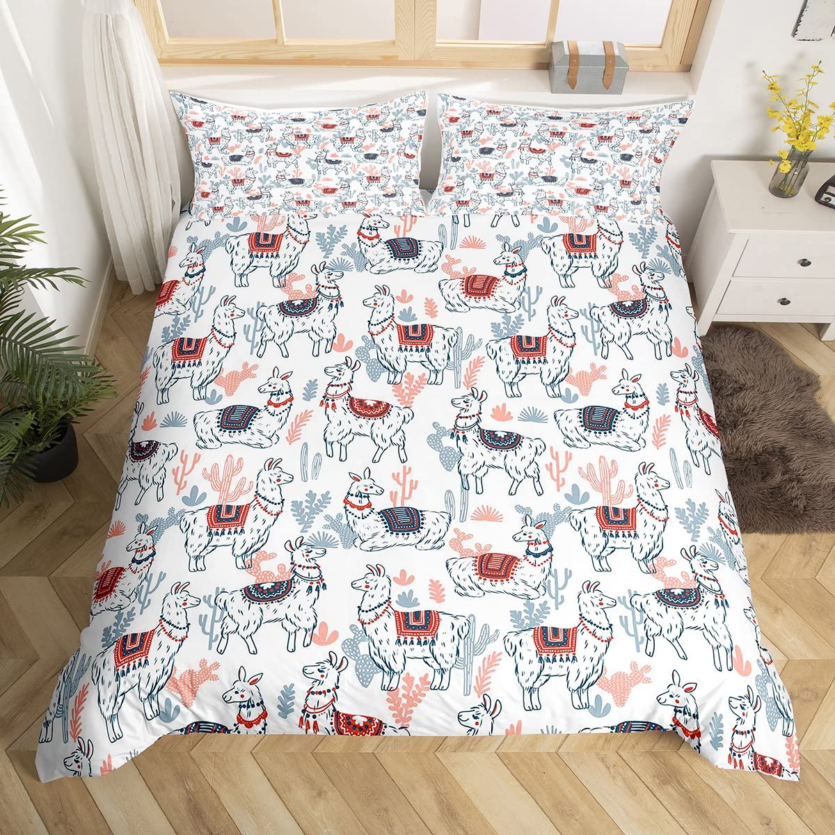 Homemissing Llama Alpaca Duvet Cover Set Cartoon Llama Bedding Set for Kids Boys Girls Cute Exotic Animal Comforter Cover Cactus Plants Quilt Cover 2Pcs Single Size