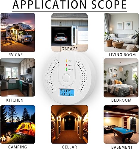 Miniatura 8 de Detector digital de monóxido de carbono con pantalla LCD y advertencia de sonido, indicadores de fallaalarmafuncionamiento, funciona con pilas AA,