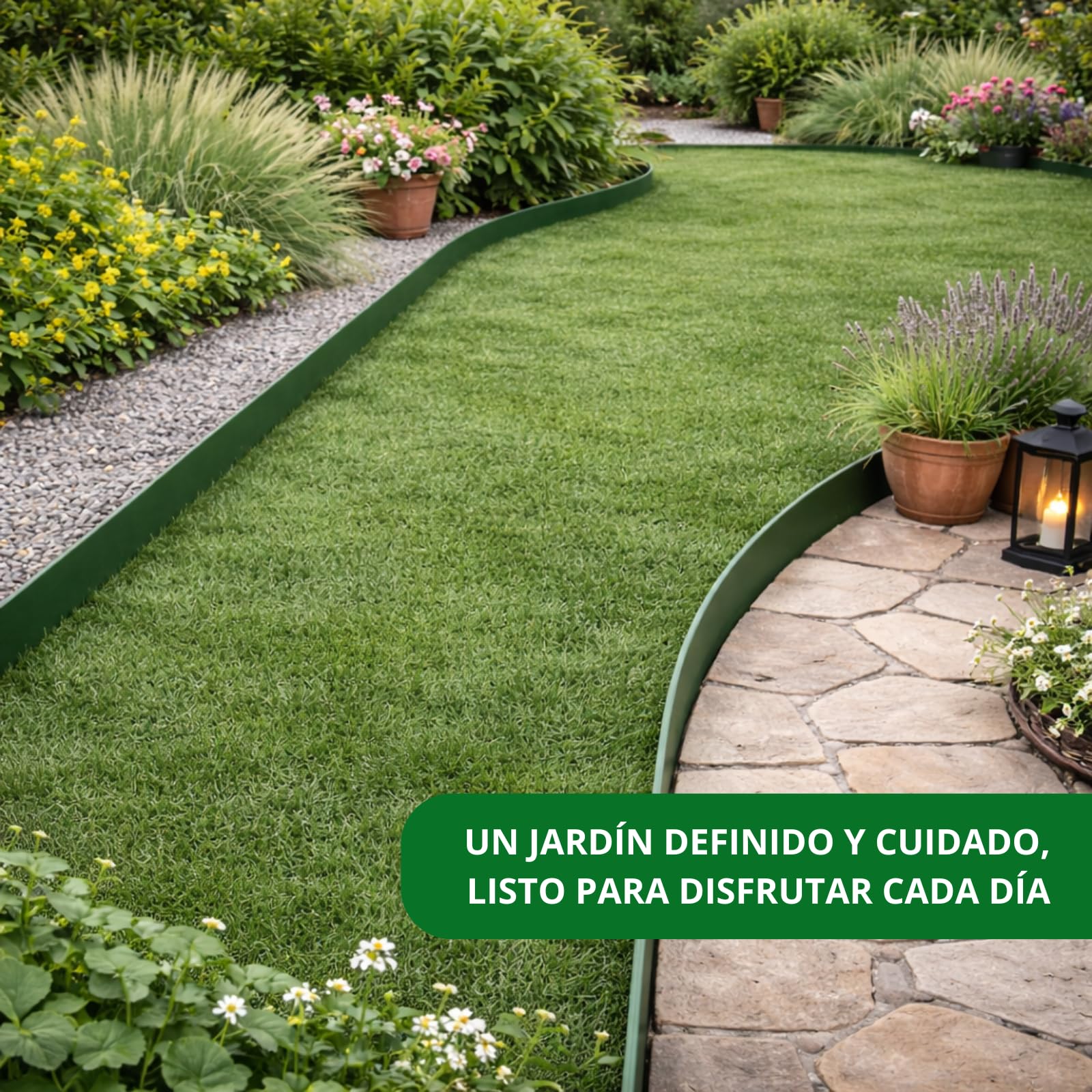 PLANTAWA Borde para Césped Artificial Verde 10m, 30 piquetas | Delimitación y Fijación del Perímetro, Contención de Materiales y Acabado Profesional | Flexible, Discreto y Resistente para Jardín