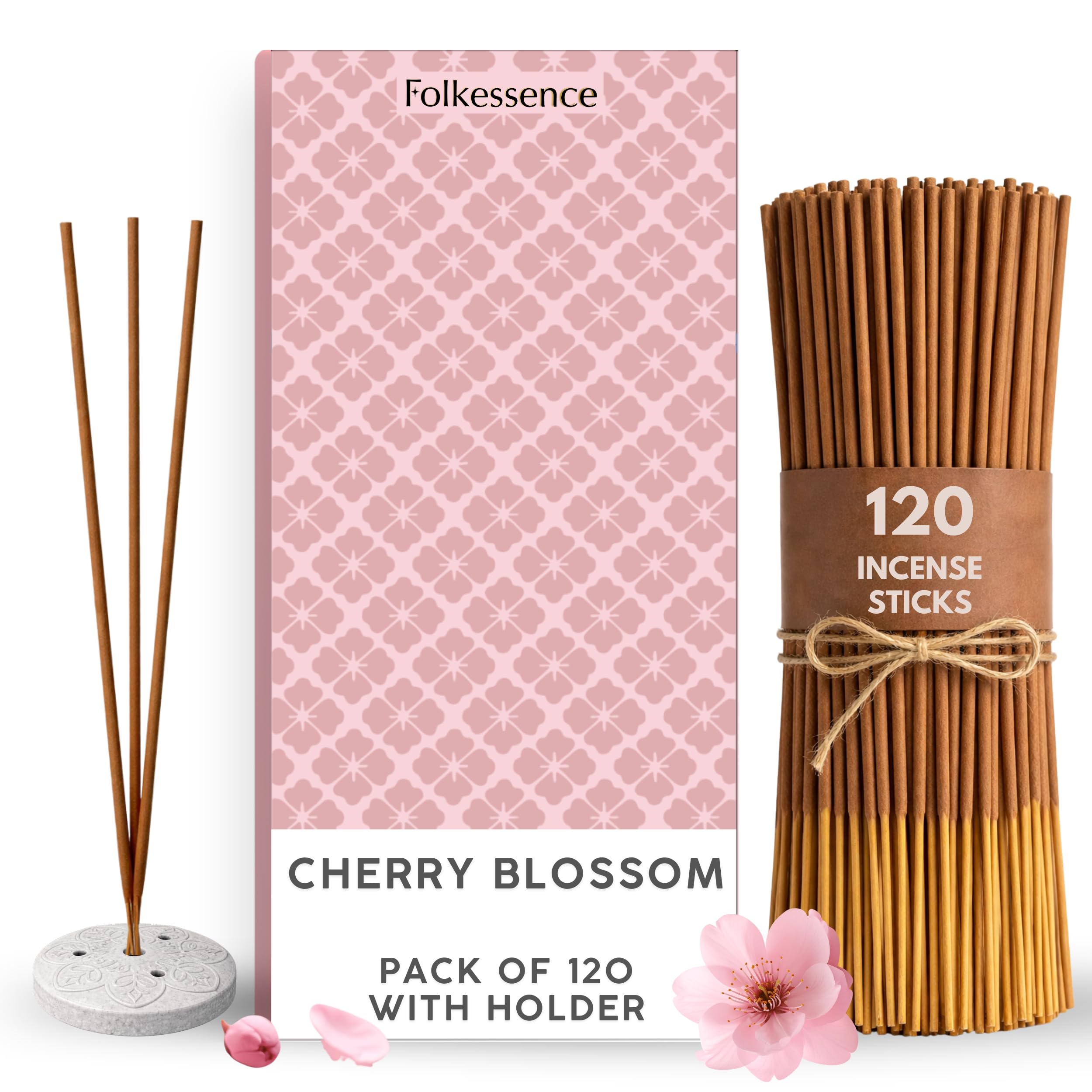 Folkulture Incense Sticks | Set of 120 with Holder for Relaxation | Cherry Blossom & White Musk | Organic, Slow Burning, Non-Toxic | Luxe Floral Fragrance, for Aromatherapy