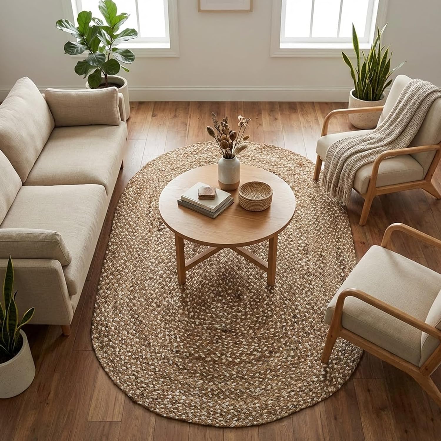Hand Braided Oval Jute Rug 12x15 Ft Modern White Kilim Jute Rugs Solid Farmhouse Style Boho Rug Living Room Dining Room Bedroom Pet-Friendly Easy Maintance Home Décor