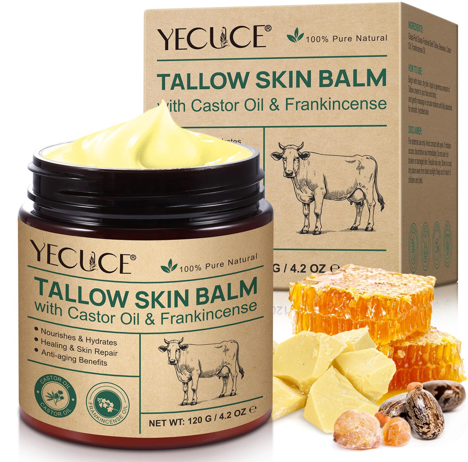 Beef Tallow Creme Bio - 100% Grasgefüttertes Rindertalg mit Rizinusöl Weihrauchöl, Rindertalg Creme Hautpflege, Gesicht und Körper, Feuchtigkeits für Alle Haut - 120g