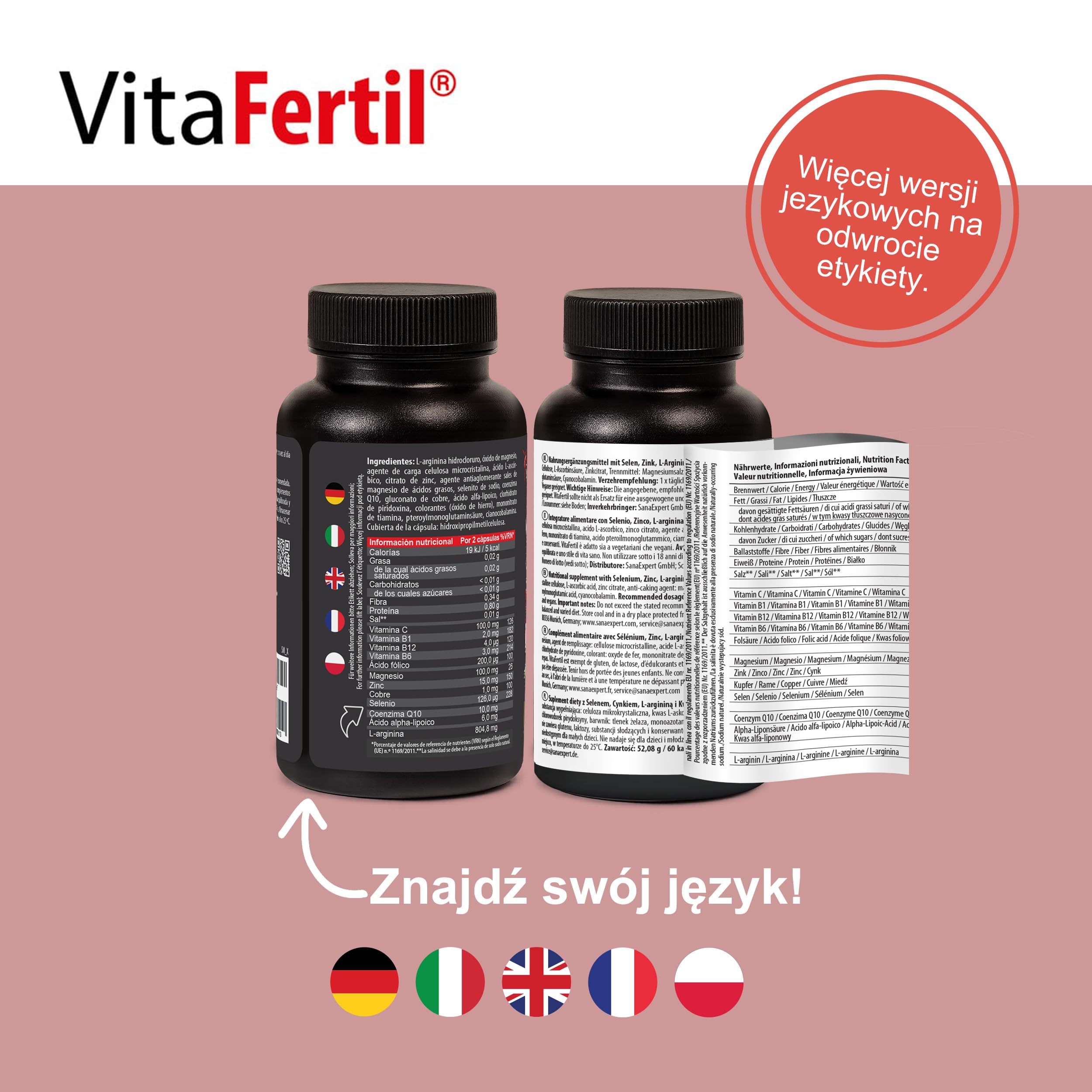 SanaExpert VitaFertil – suplement diety dla mężczyzn – z L-argininą, cynkiem i niezbędnymi witaminami – 60 kapsułek – wyprodukowano w Niemczech