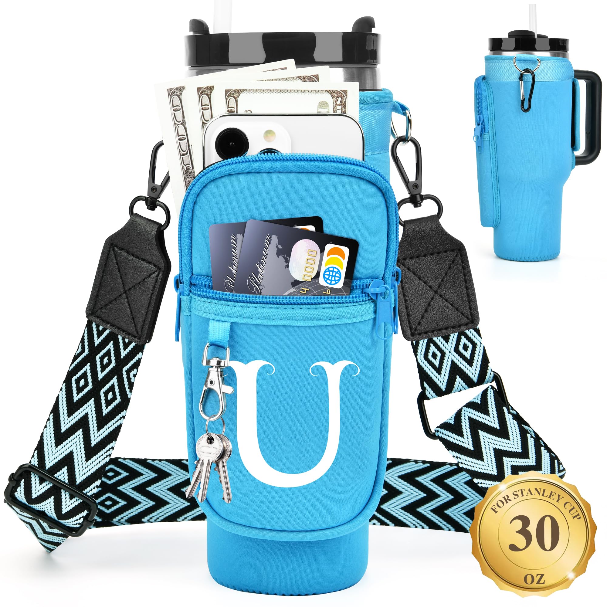 LOKASS Water Bottle Holder with Strap for Stanley Cup 30 oz Tumbler with Handle, Personalized Initial Gift, Water Bottle Carrier Bag with Phone Pocket & Carabiner for Stanley Cup Accessories