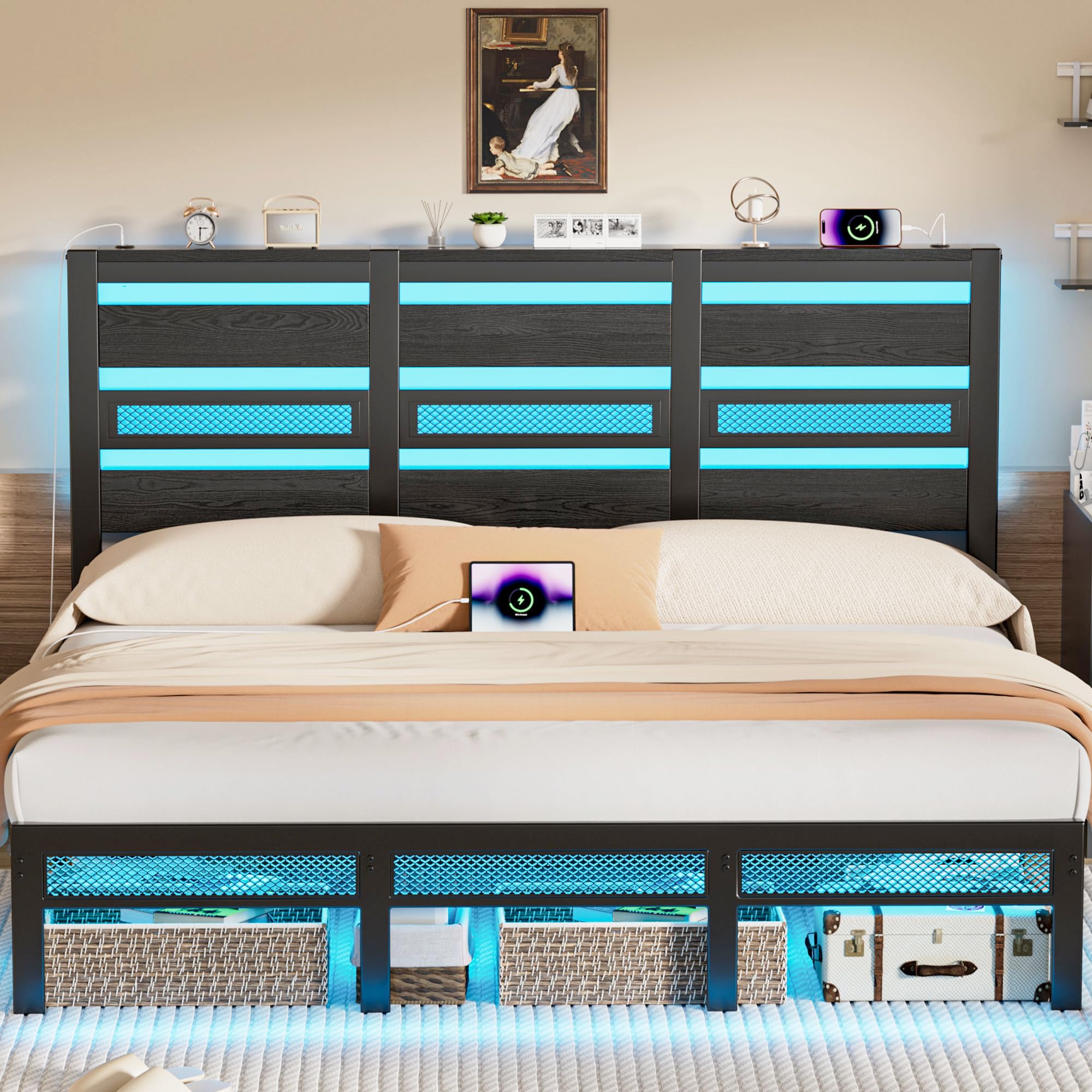 LED Bed Frame King Size with 2 Charging Station, Metal Platform Bed Frame with Under Bed Storage, Storage Headboard, Noise-Free/Metal Support/No Box Spring Needed (Black)