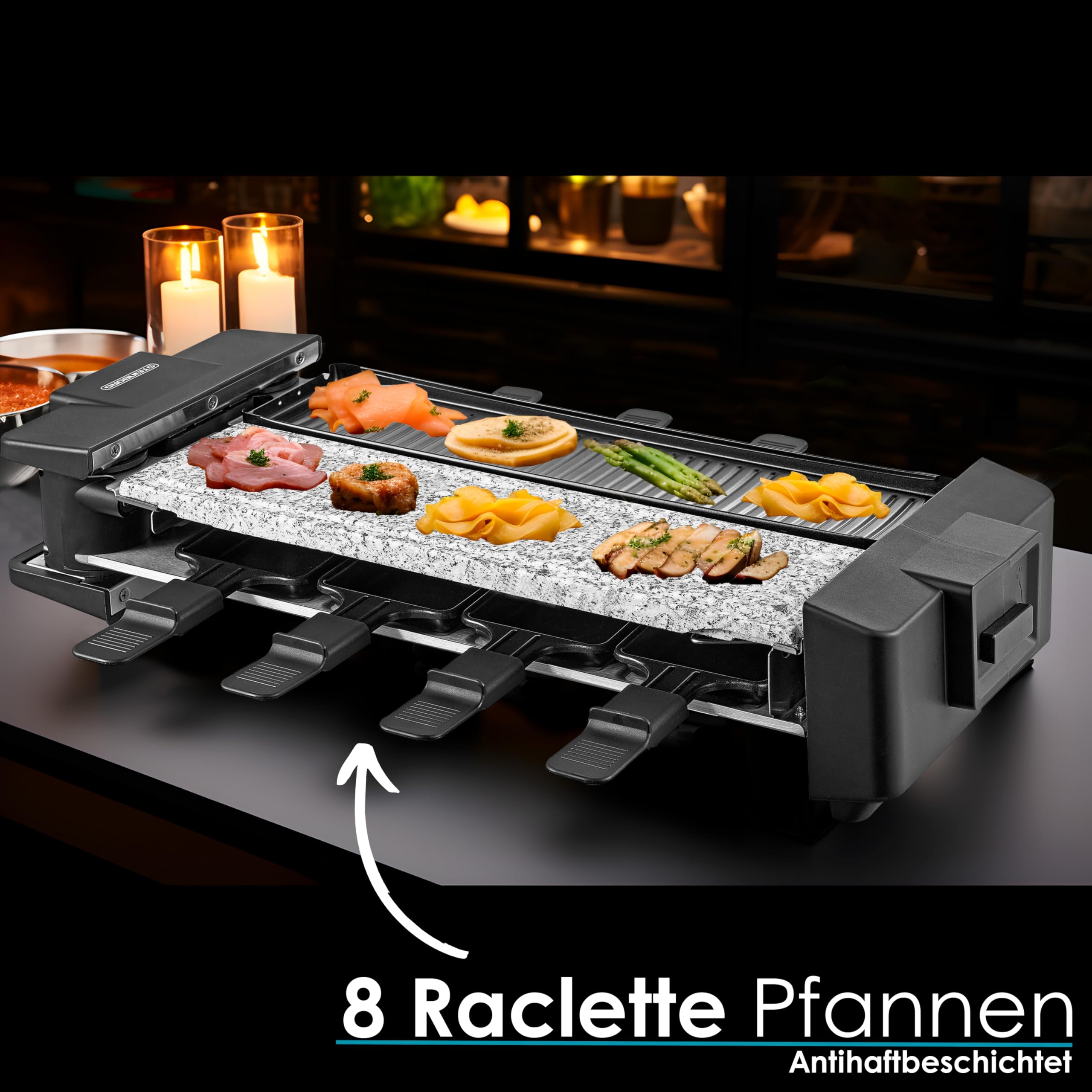 Steinborg Raclette Grill 2 in 1 8 Personen Raclette Grill Partygrill Elektrogrill Tischgrill Naturstein beschichtet Heizelement Edelstahl 180° drehbar
