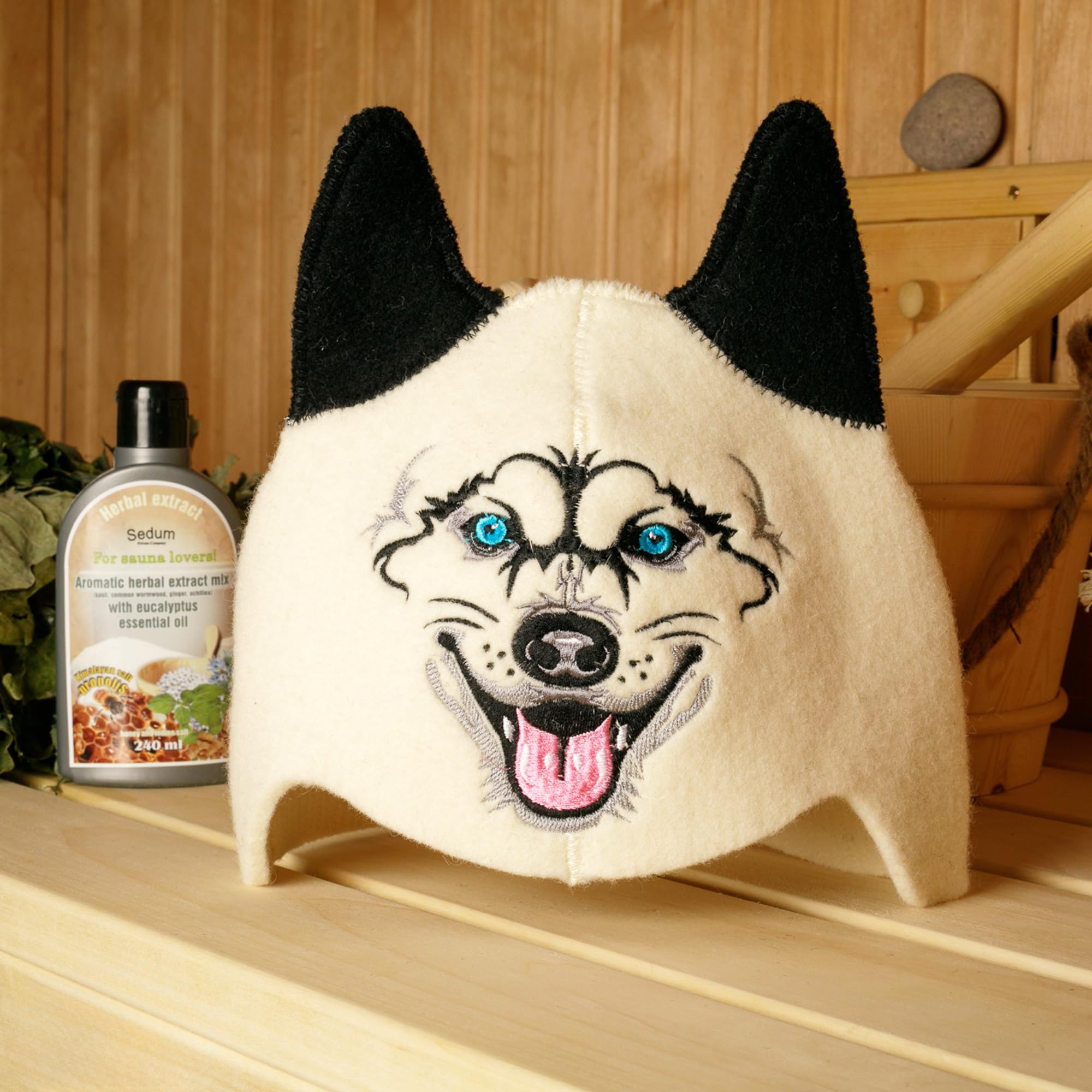 SAUNA GURU Wolf Hat, 100% Organic Wool Felt Sauna Cap, Banya Hat Sauna Hair Protector, Sauna Accessories Embroidered Hat, Sauna Accessory, Russian Sauna Hat, Sauna Gifts for Men and Women