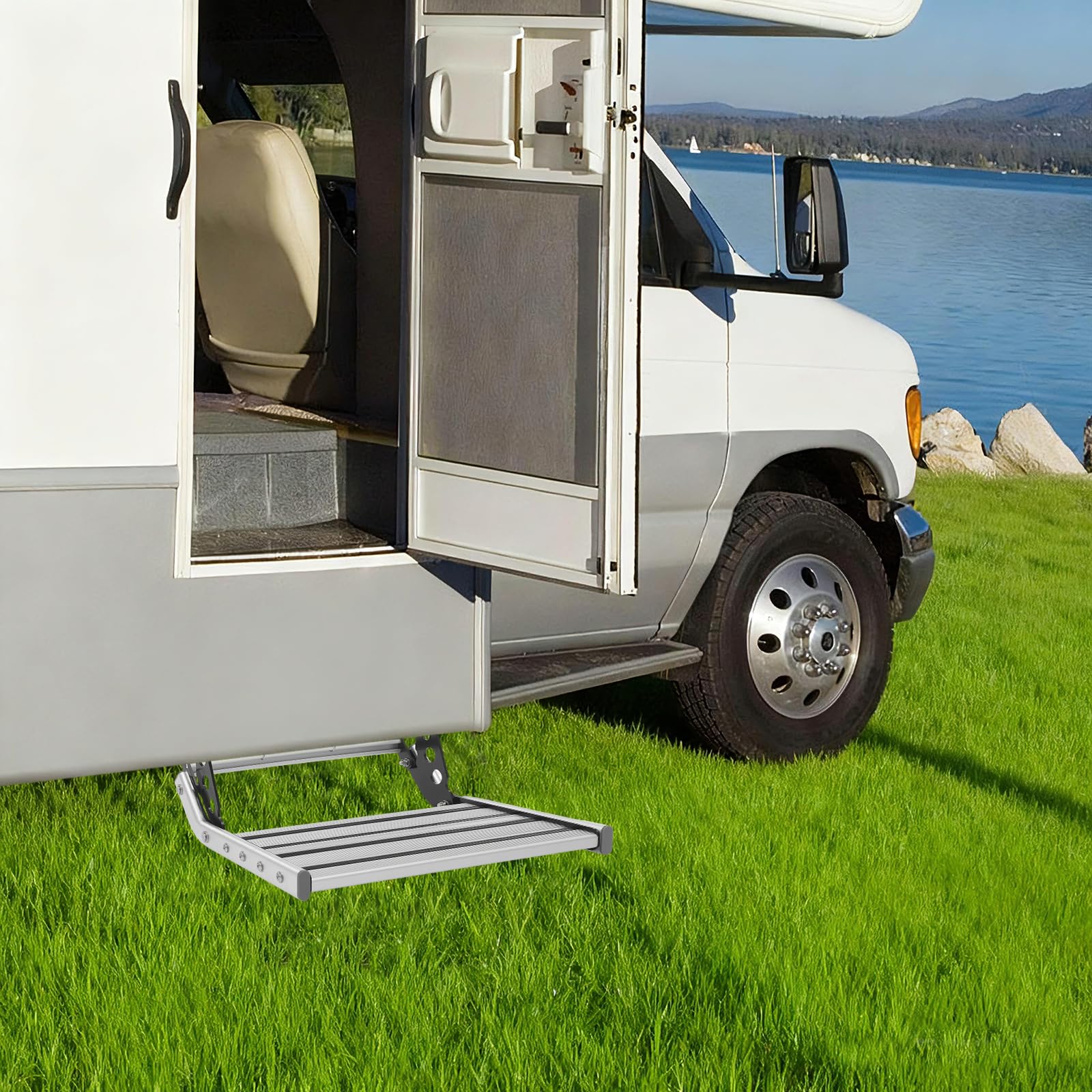 Scalino per camper in alluminio con luce LED, pieghevole, antiscivolo, portata 150 kg, per campeggio e roulotte