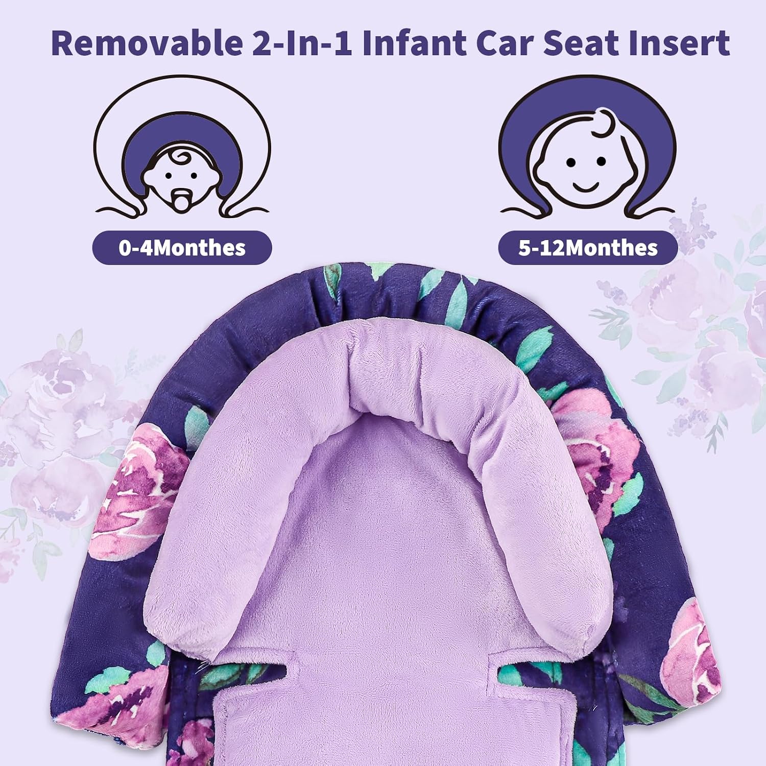 Baby Car Seat Head Support with Extra Headrest, 2-in-1 Babybody Supports with Shoulder Pads Set for Newborn, Adjustable Infant Car Seat Insert Compatible with Stroller, Baby Swing (Purple Flower)